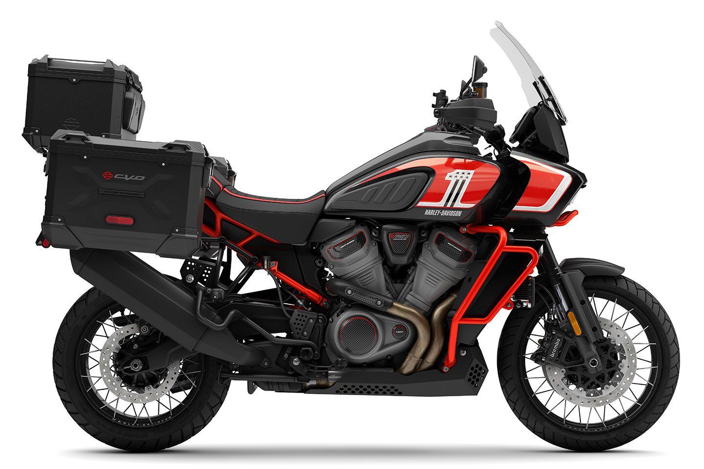 Color-matched crashbars, subframe, and stitching on the seat further the CVO look. There are those who think adventure bikes look their best with mud-splattered fenders and abraded crashbars. Not sure that would be the case with a CVO adventure bike.