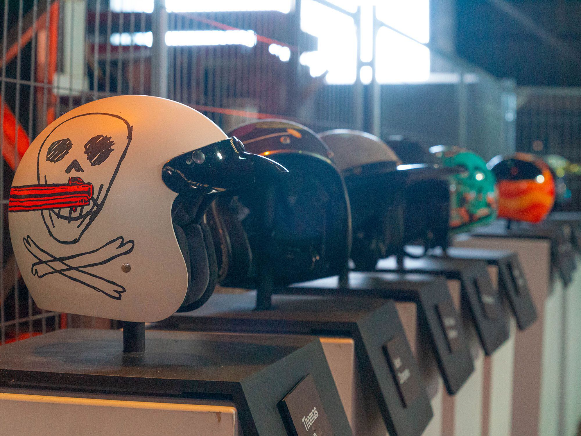 The <em>21 Helmets</em> custom “helmet art” exhibit was on full display as well, with its wild variety of one-off Bell lids.