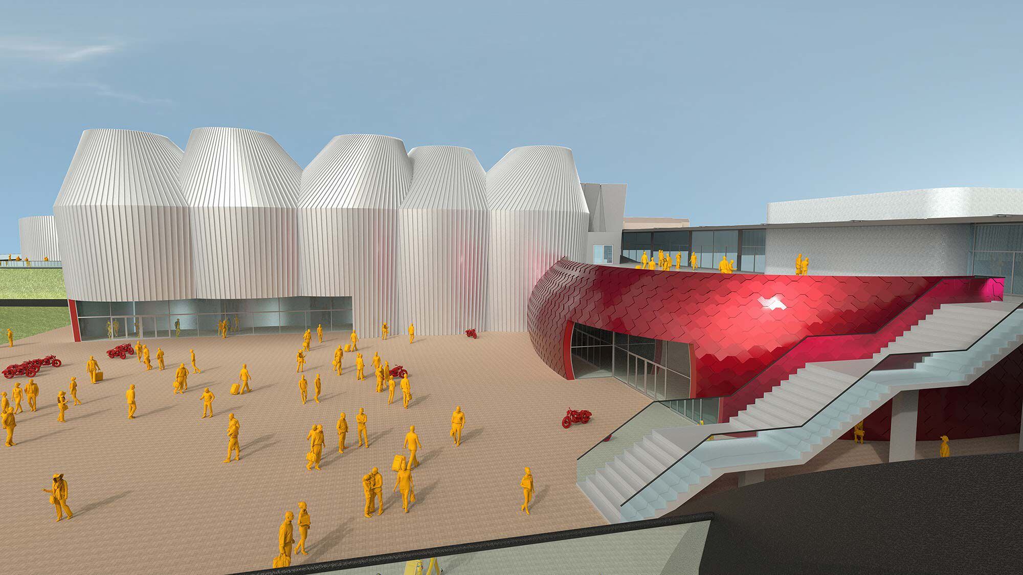 A rendering of what the new Moto Guzzi  factory and museum in Mandello del Lario will look like. It will feature a hotel and restaurant for Guzzi faithful to enjoy and has a completion date in the first half of 2025.