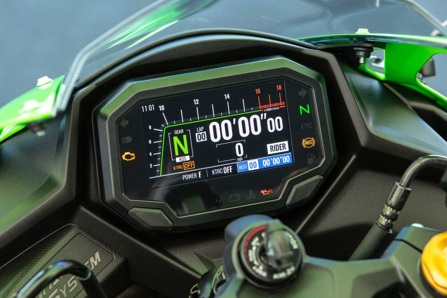 The TFT display has a track mode that also incorporates a lap timer and displays just the info you really need at a glance while riding on the track.