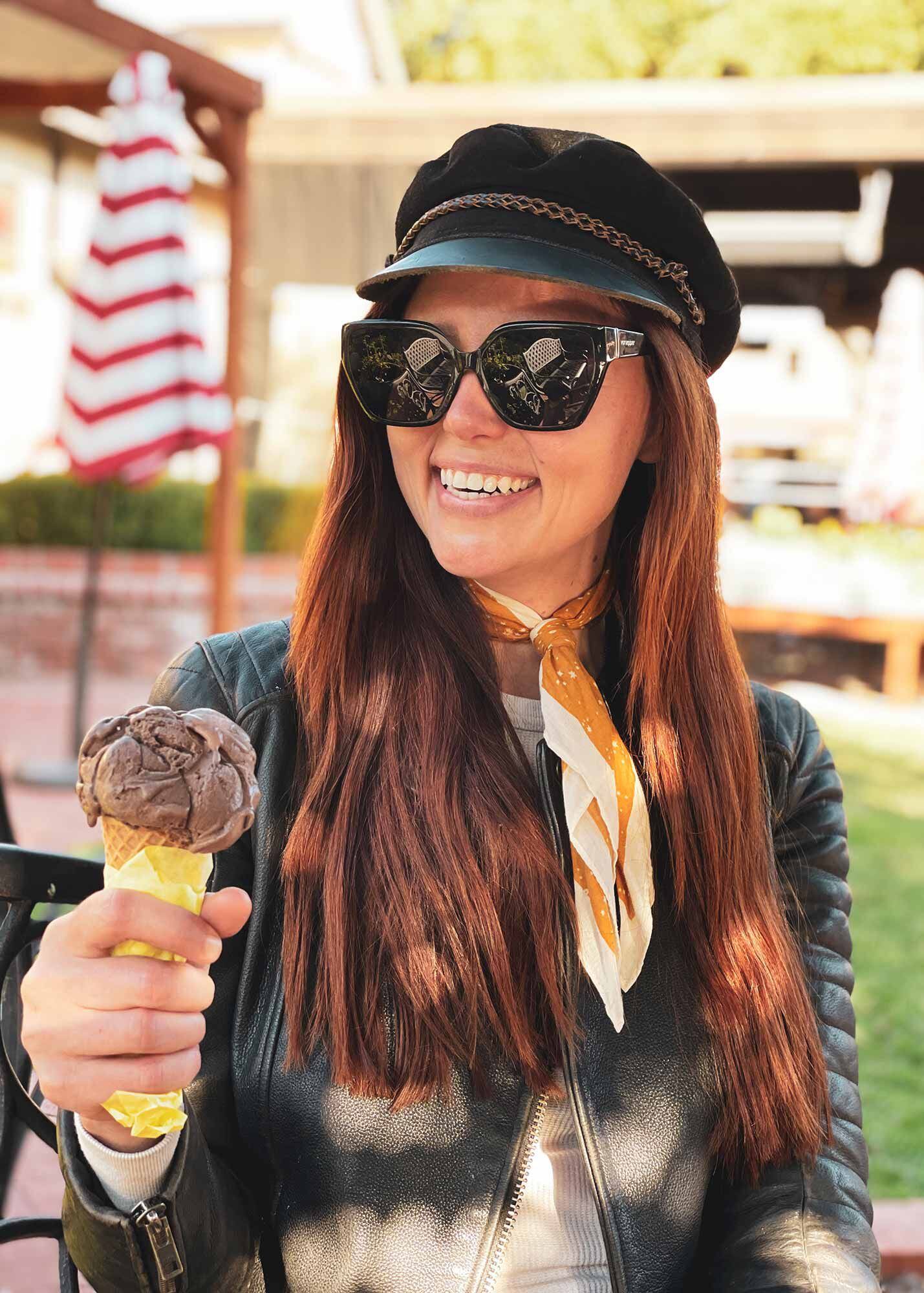 The author with a scoop of a very appropriate ice cream called “Motor Oil.”