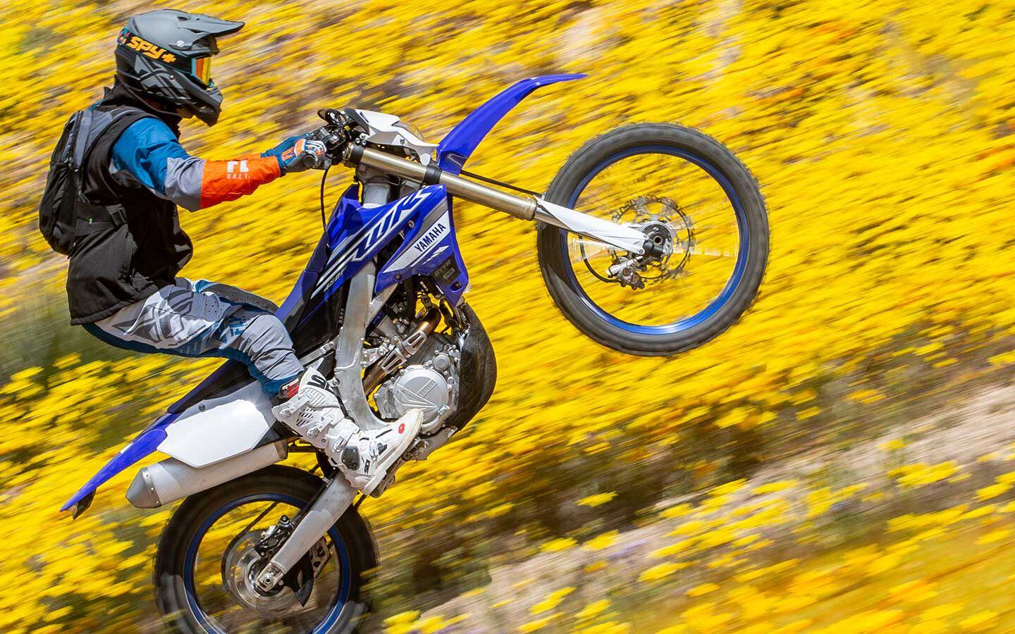 Biker doing wheelie in flowers with 2019 Yamaha WR450F.