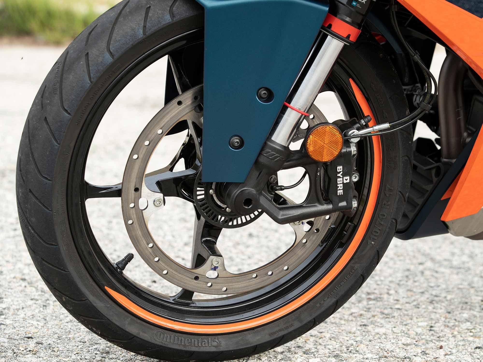 Feel from the front brake is strong and stops the bike well, however on the <i>Cycle World</i> test strip the RC 390 returned a longish 147 feet to stop from 60 mph.