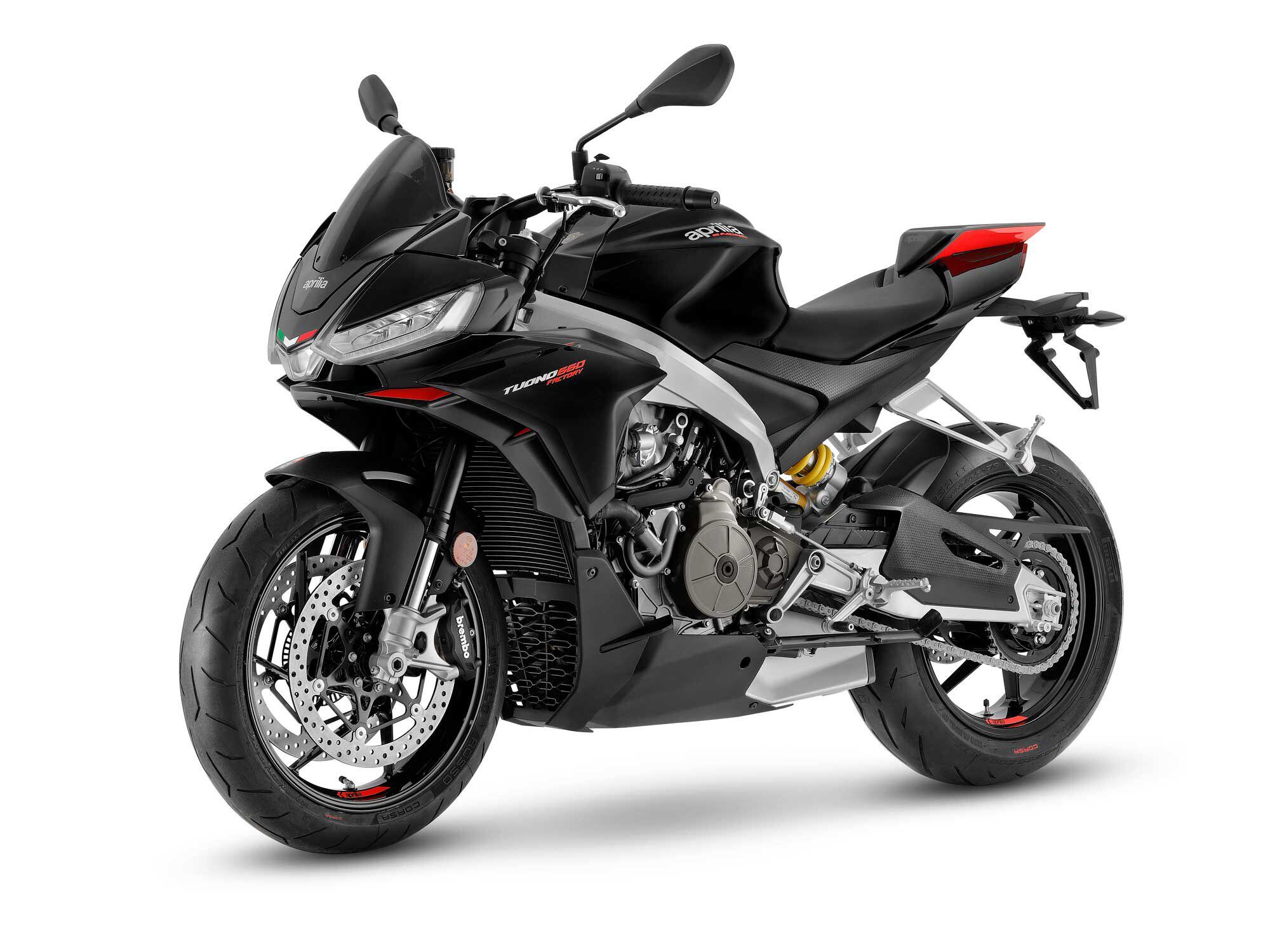 Weight has been shaved from the 2002 Tuono 660 Factory, a 4.4-pound total savings.