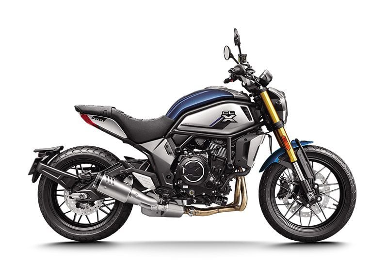 Steel tube frame uses parts as a styling element; the 693cc parallel-twin sits between the tubes rather than atop a backbone.