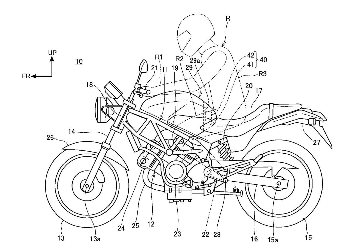 Honda’s concept is designed to deploy the airbag from the back section of the tank, with the airbag wrapping around the rider and then detaching so that when the rider leaves the bike, the airbag will be with them.