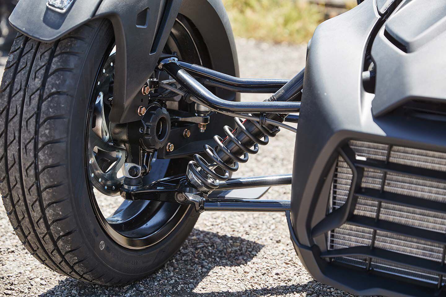 The KYB HPG double-wishbone suspension on the Ryker is firm and handles well on the mountain’s S-turns.