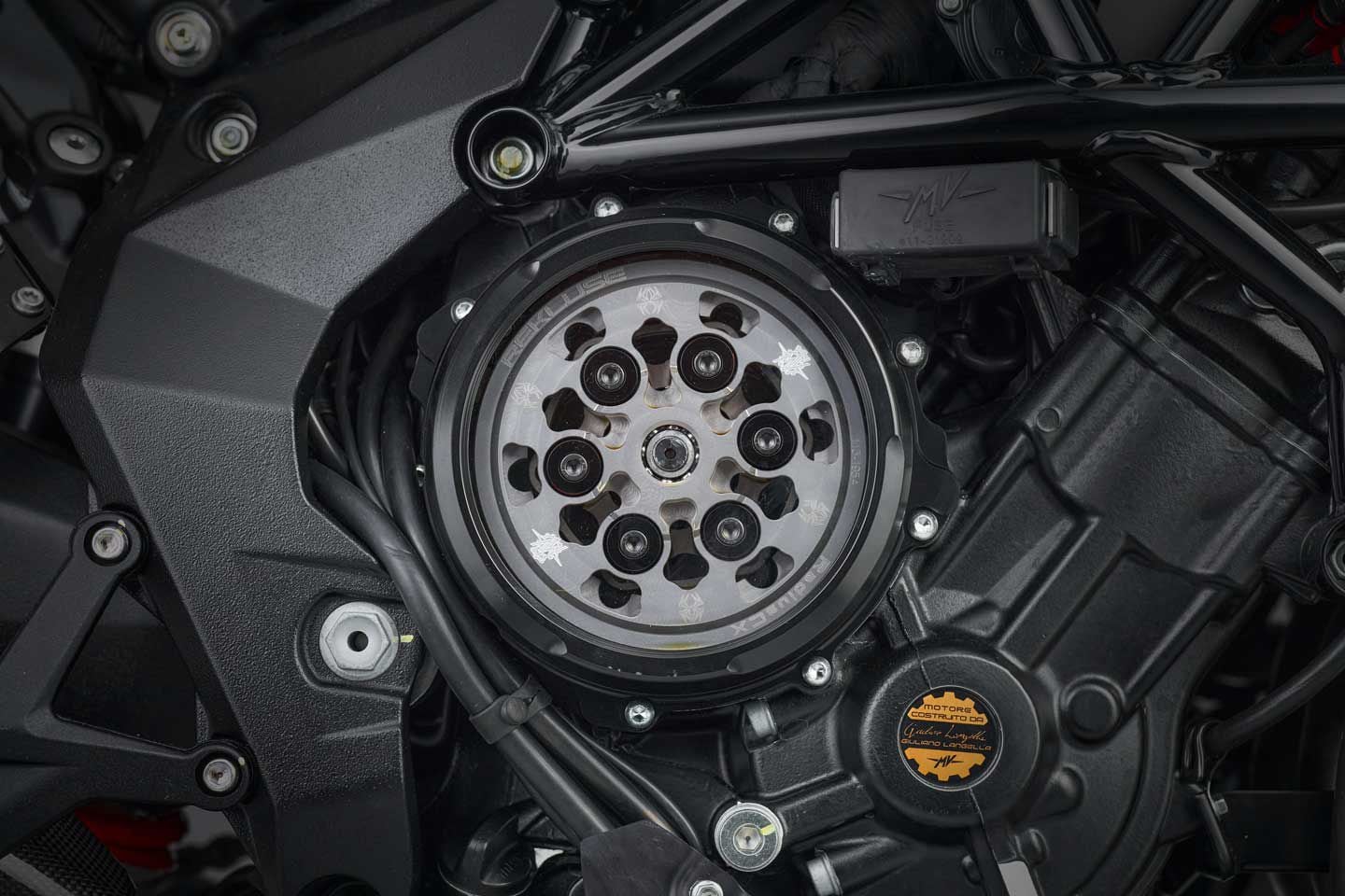 Producing a claimed 140 hp in standard trim, the MV Agusta Dragster RR SCS America’s triple features a transparent clutch cover. Beneath that cover is a Rekluse auto-clutch.