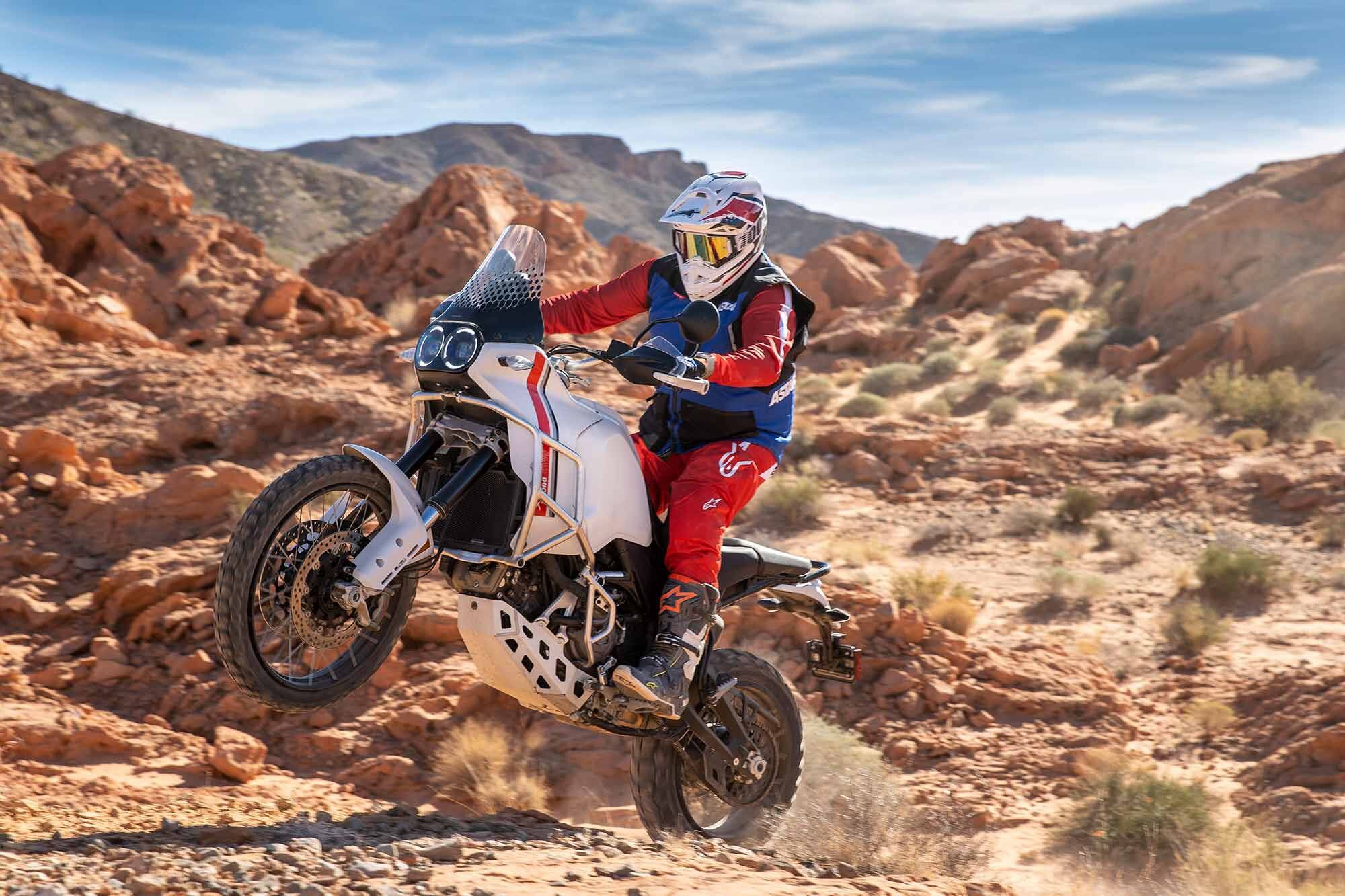 Ergonomics of the DesertX are superb and allow for exceptional control while standing up in rough terrain.