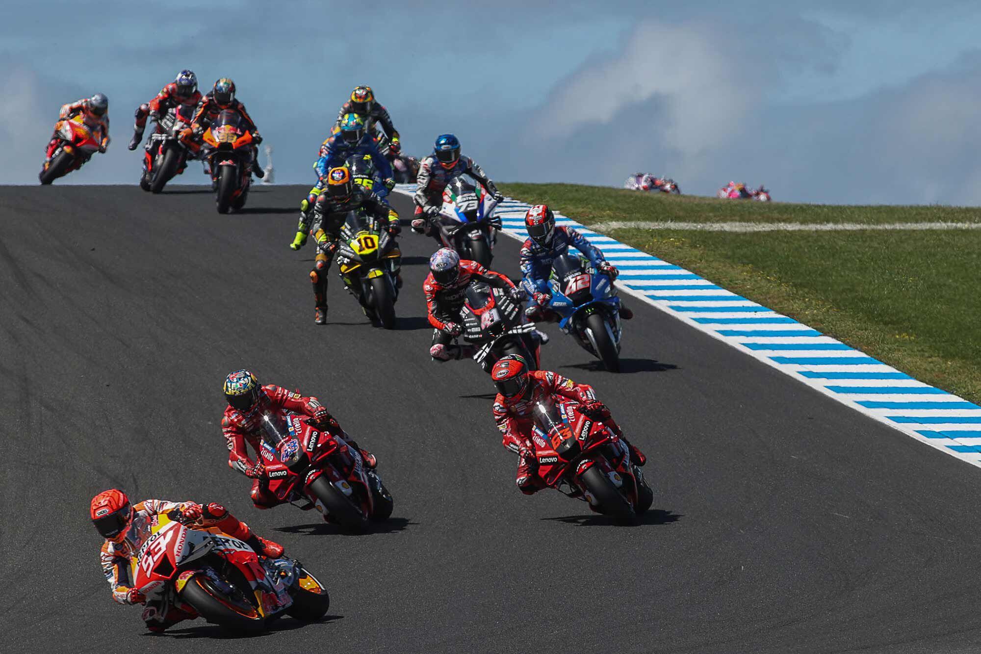 Is Marc Márquez (shown leading here) the “fox among pigeons”? He made it look like that in Australia. Márquez was also the only rider on the grid to choose the soft rear tire. 