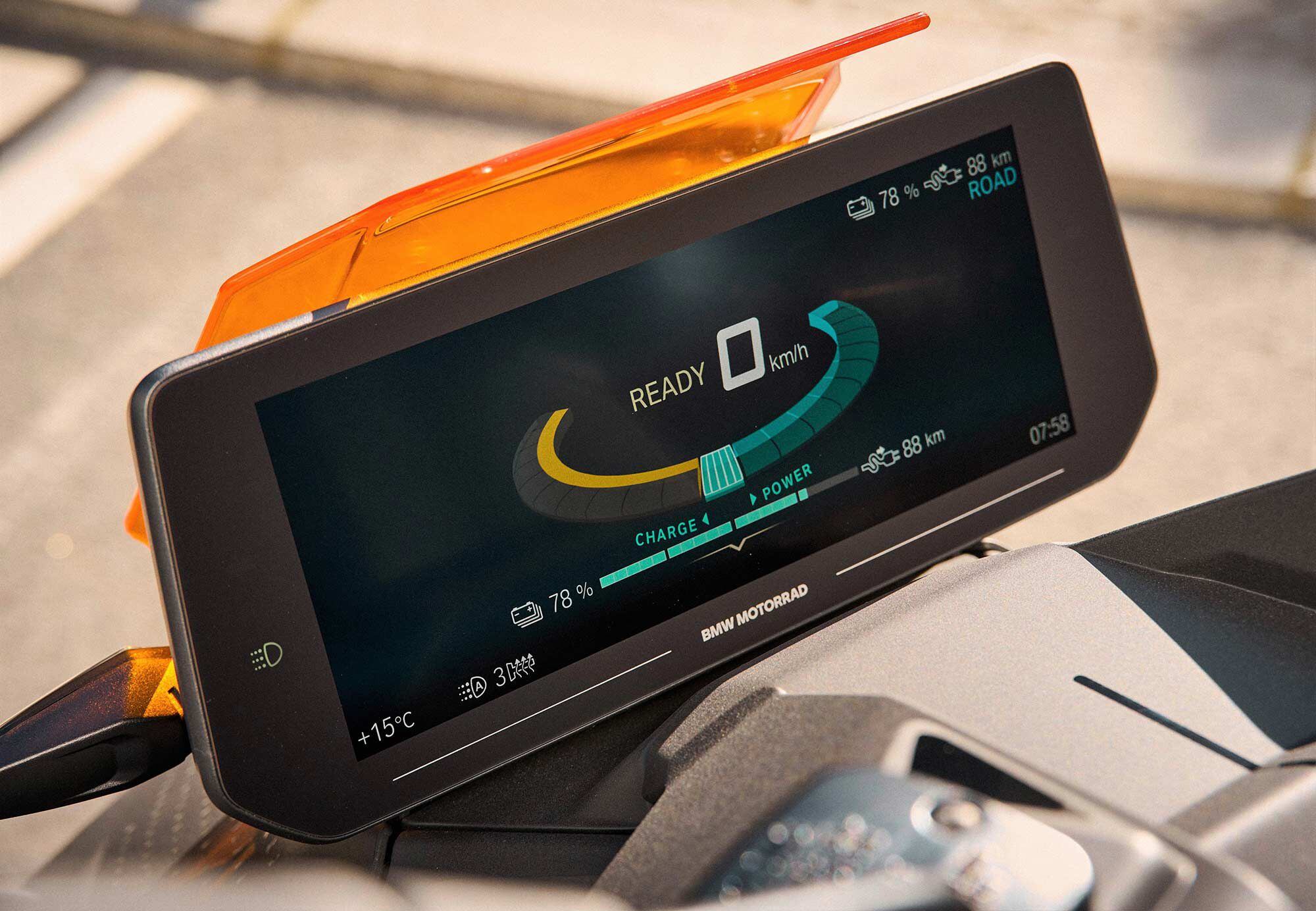 A large bright TFT screen offers up info on range—a claimed 80 miles on a full charge—battery status, and engine modes. The Premium package adds a Dynamic riding mode as well.
