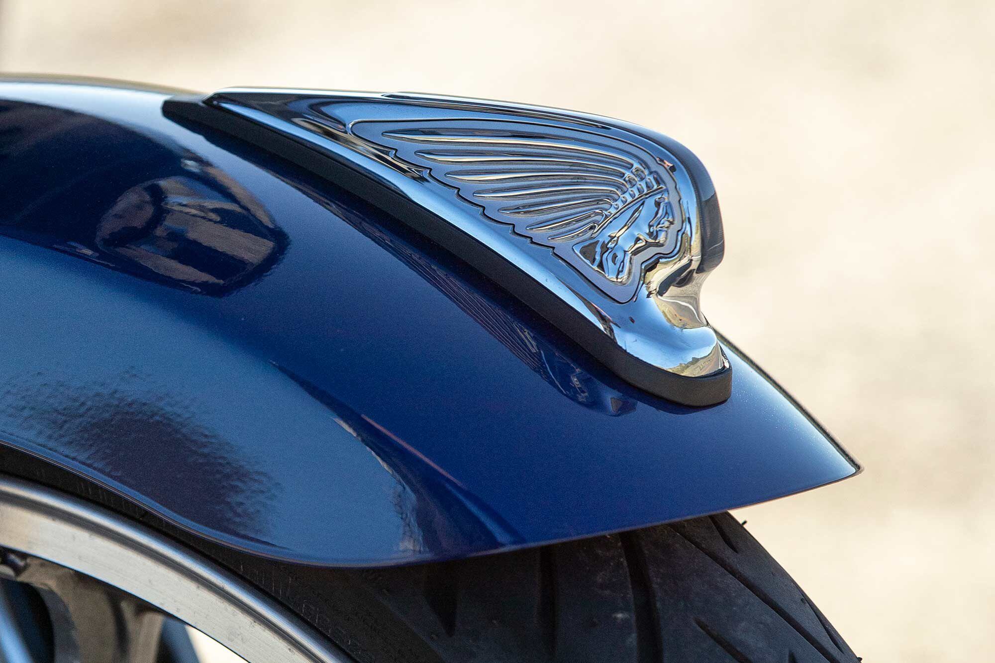 Indian’s fender-mounted headdress has grown smaller over the years, but remains a symbol of the brand’s historic design.