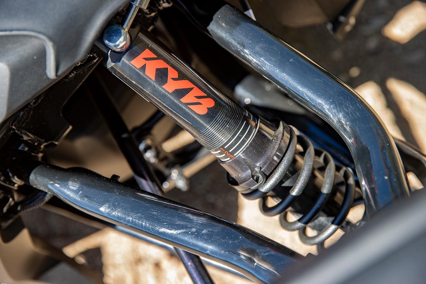Can-Am fitted the Ryker Rally with double wishbone front suspension controlled by KYB HPG shocks.