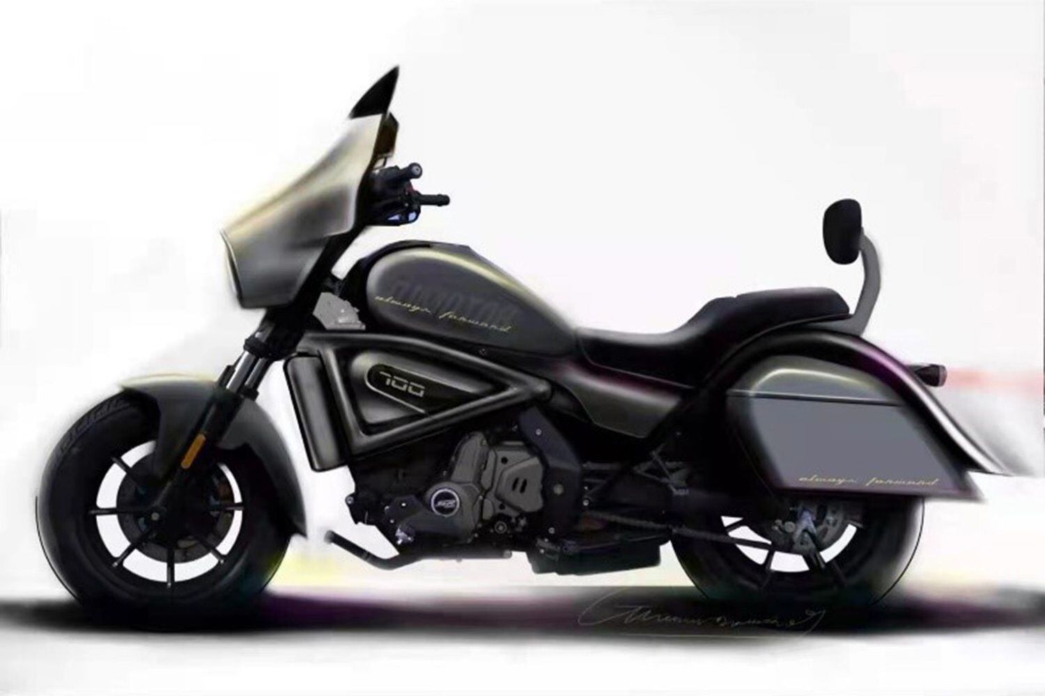 The other design is for a bagger using the same foundation but switching up the ergonomics and adding a batwing fairing and saddlebags.