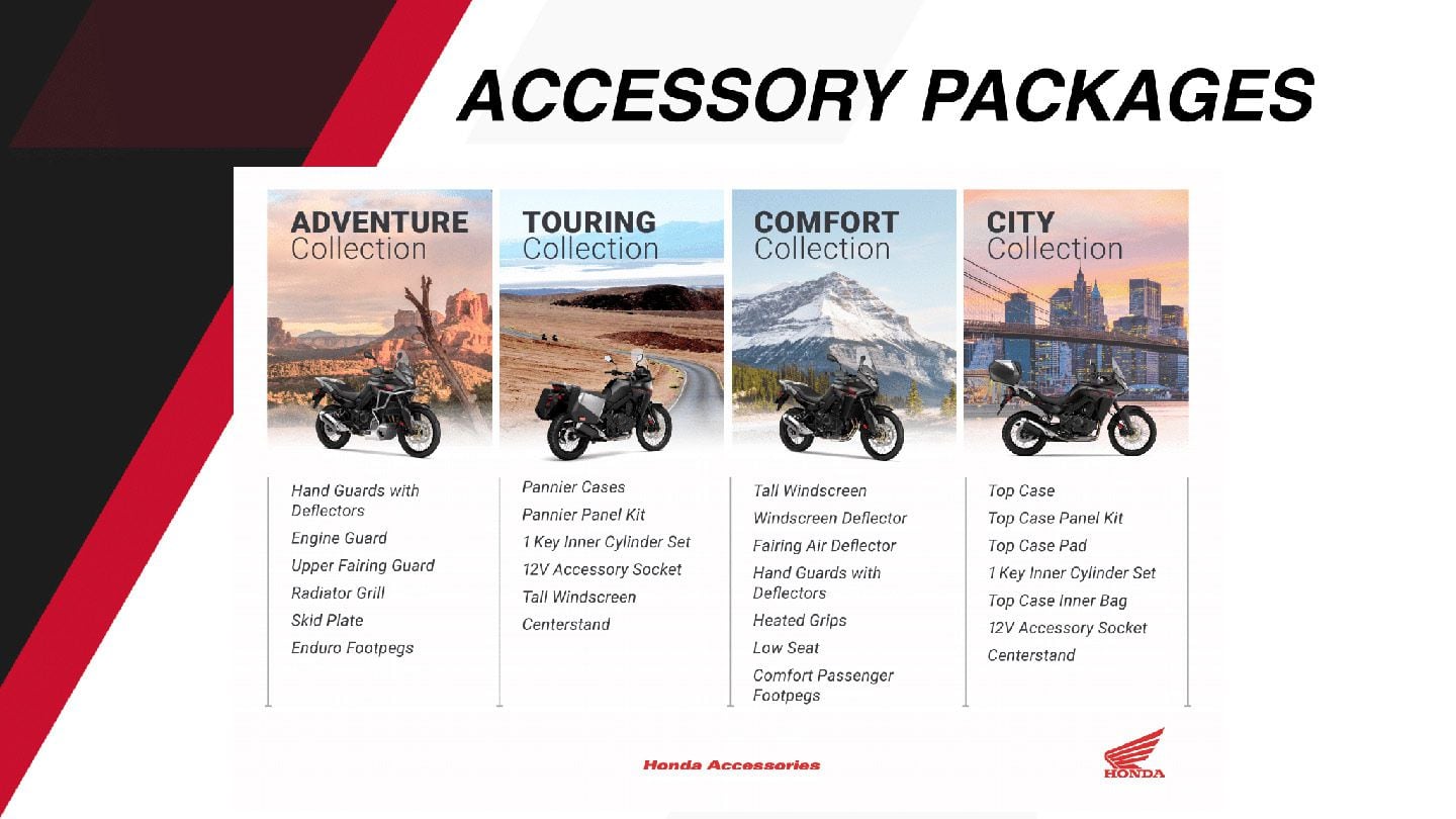 The 2024 Honda Transalp is available in four accessory packages.