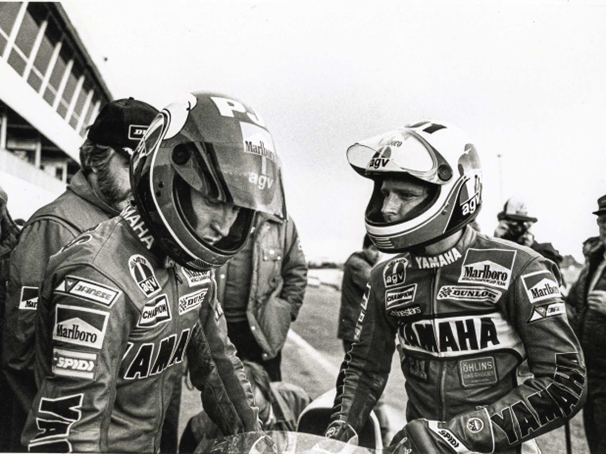 Wayne Rainey (right, with Roberts in leathers) won three 500cc world championships with the man from Modesto’s team