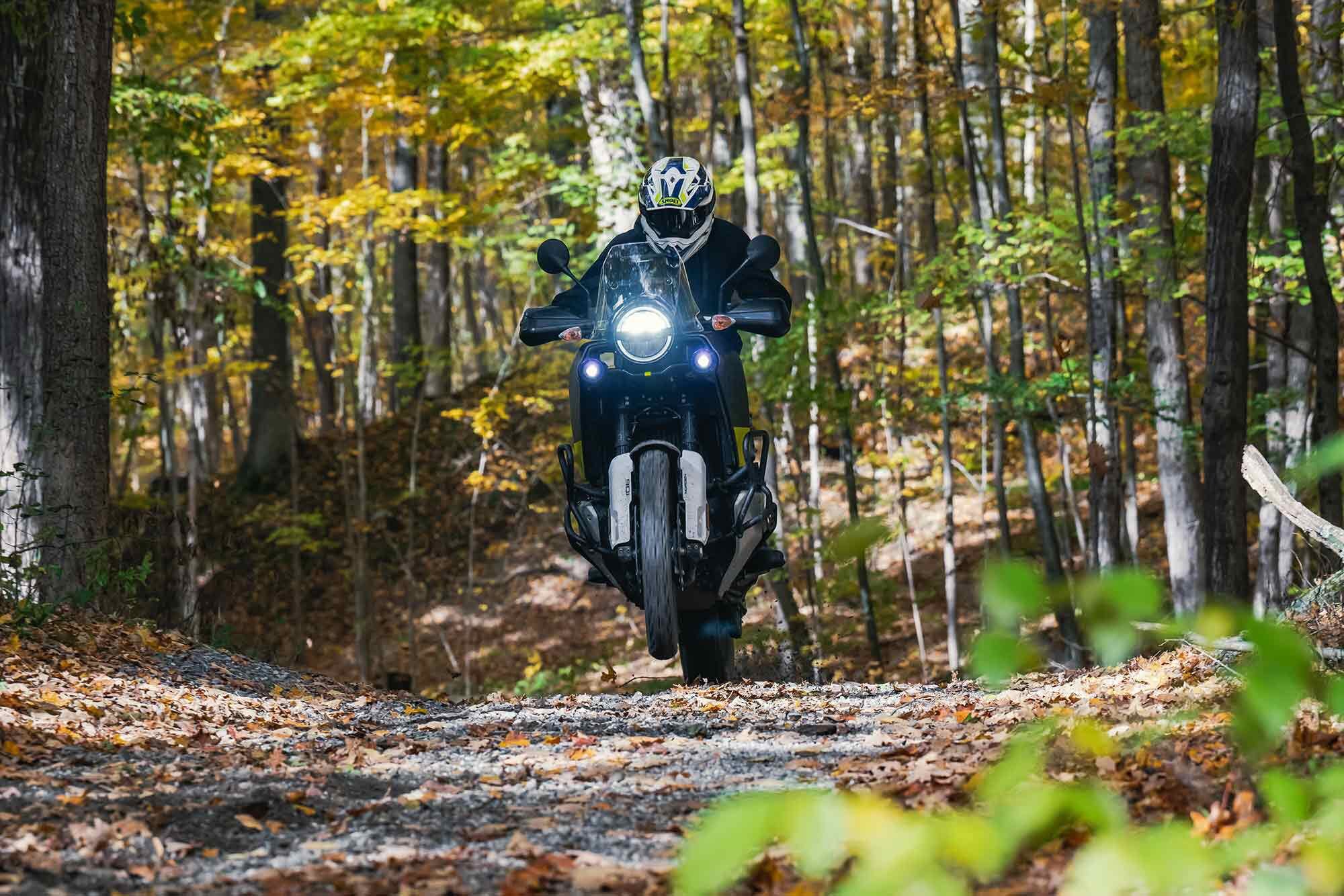 Unintentional power wheelies (such as they are) are common on the Norden. The OE Pirelli Scorpion Rally STR tires, standard on both bikes, do a nice job of hooking up in gravel.