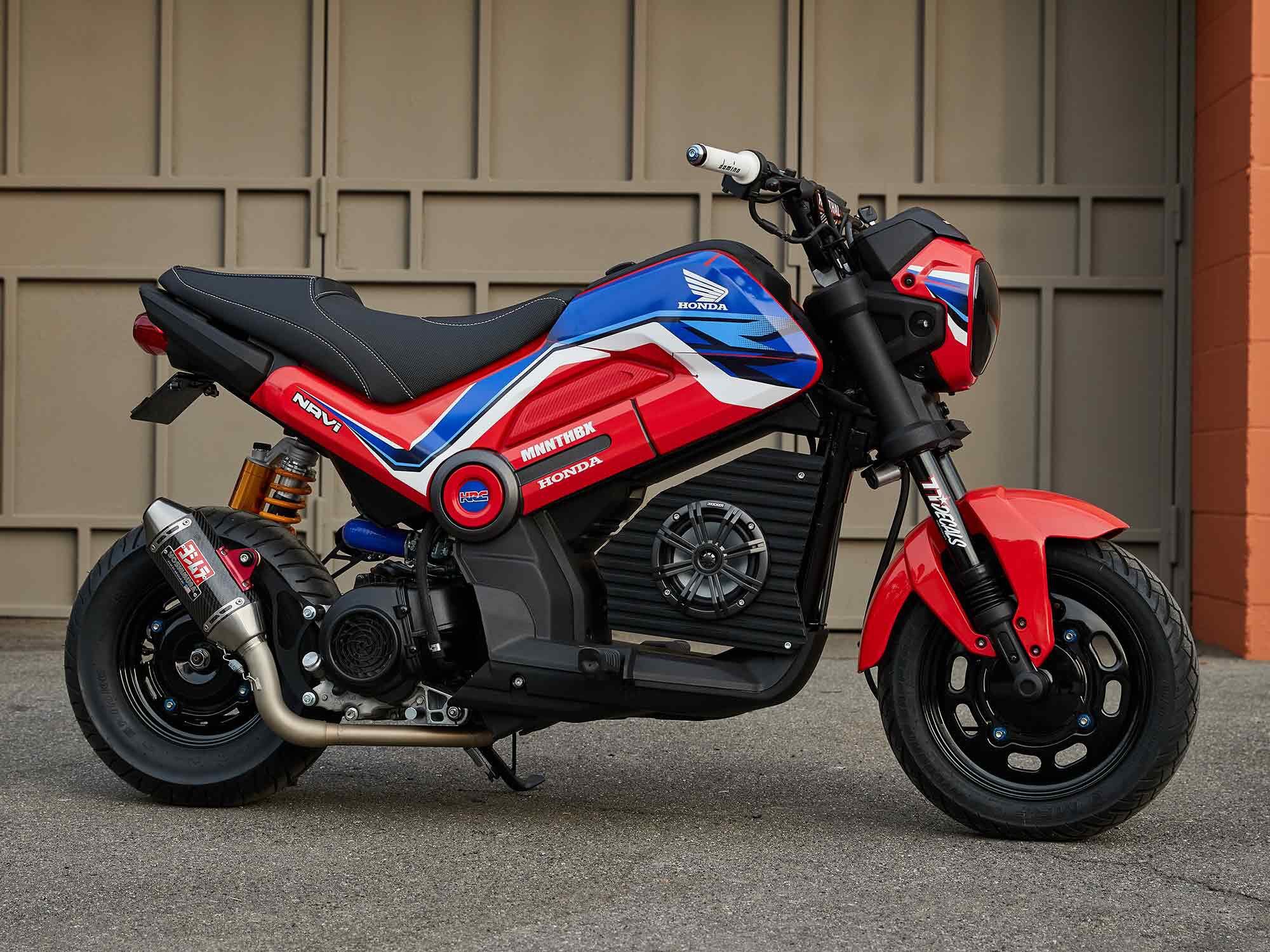 Beyond the Navi’s new-rider intended audience, Honda is hoping that it will also inspire a cult following similar to the Grom and Ruckus. This customized version from Tennessee’s MNNTHBX features the usual trick aftermarket components, plus the storage bin has been converted to a music speaker system.