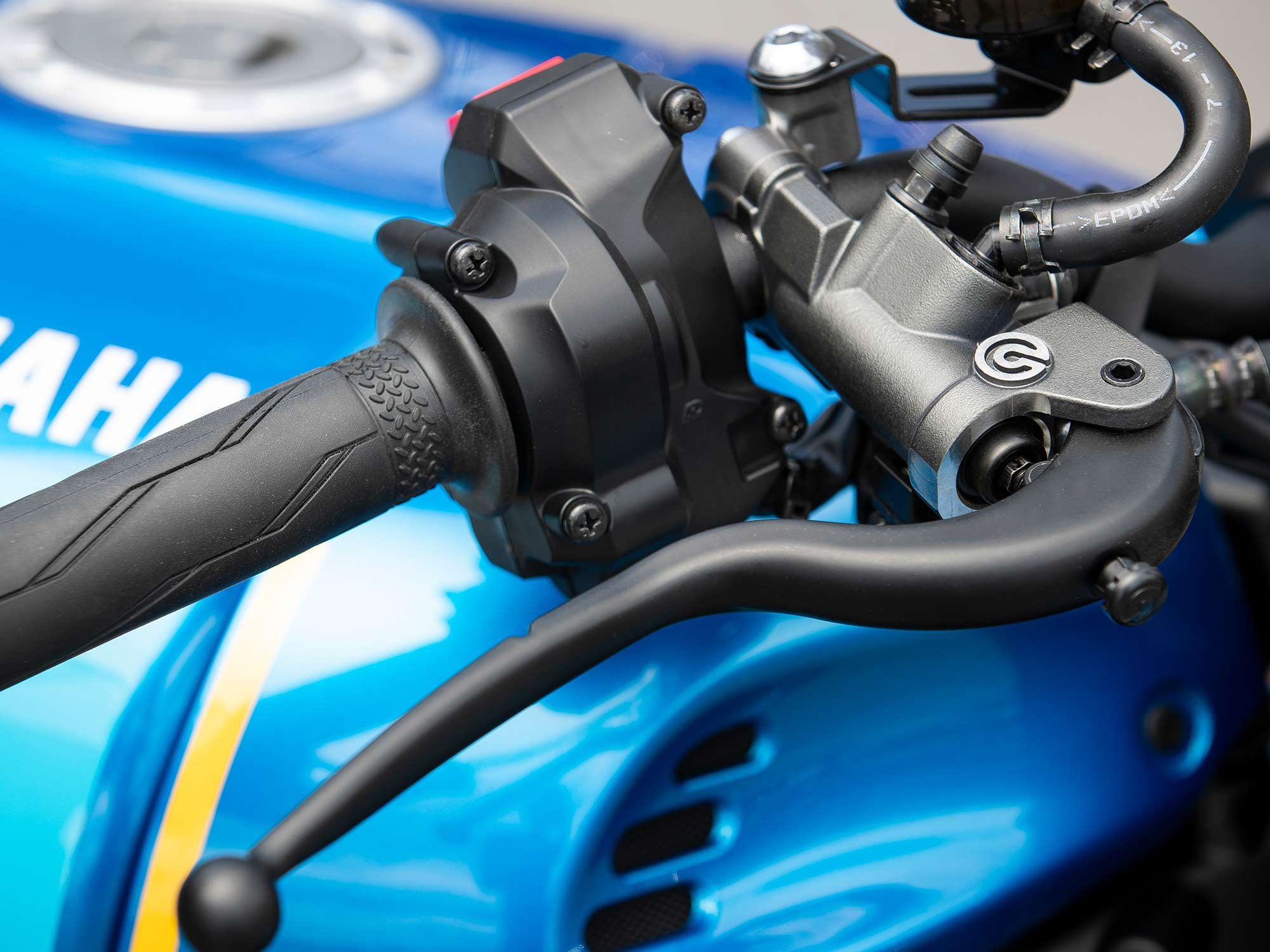 A Brembo radial master cylinder has plenty of power and initial bite without being too touchy.