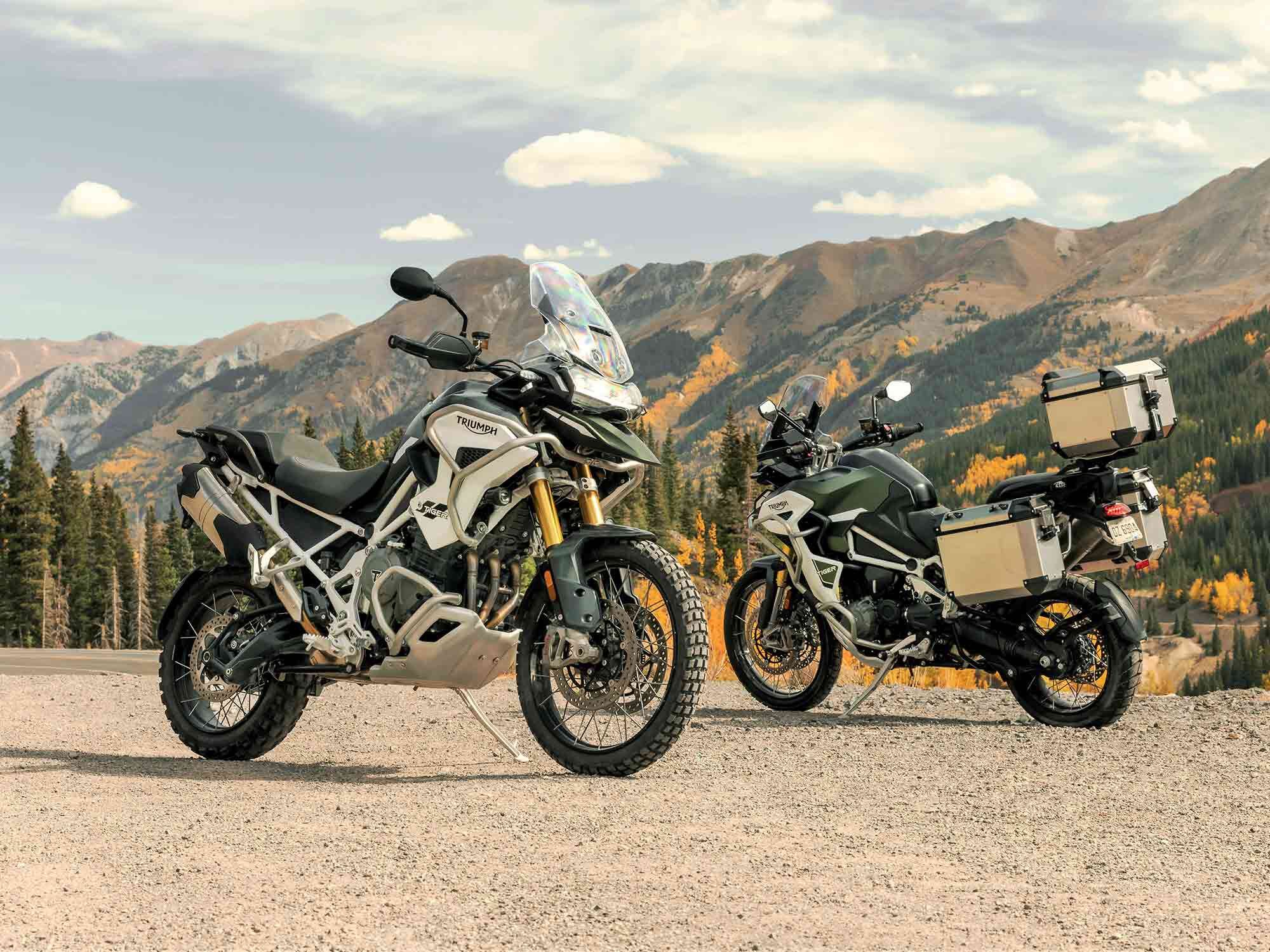 The Rally-badged bikes run with 21-inch front tires and more robust engine protection. The better-equipped Rally Explorer is in the back.