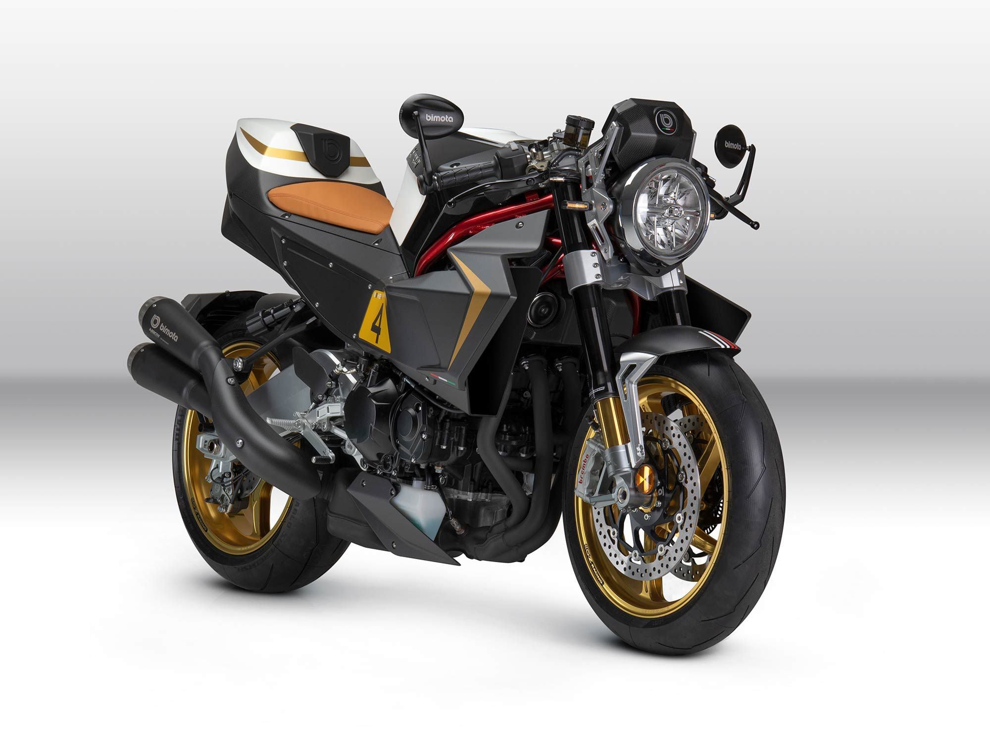 Notice the lack of radiator in this image. Bimota takes the base Kawasaki and gives it a total makeover. Also note the twin air ducts flanking the chassis; guess where they lead?