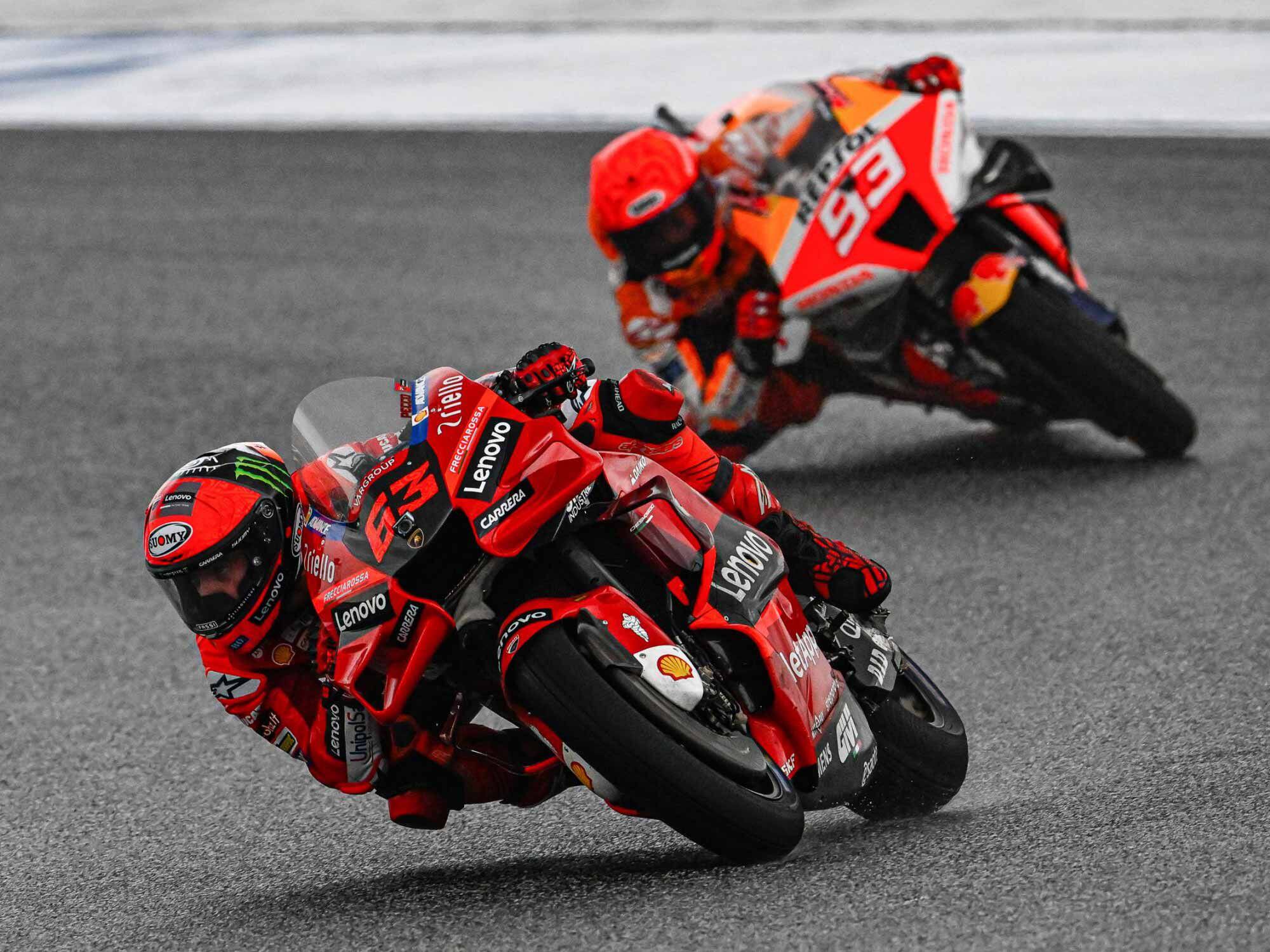 Ducati’s Francesco Bagnaia finished third in Thailand, but closed a huge point gap in the process. With just three races remaining, he’s in essentially a dead heat with Yamaha’s Quartararo.