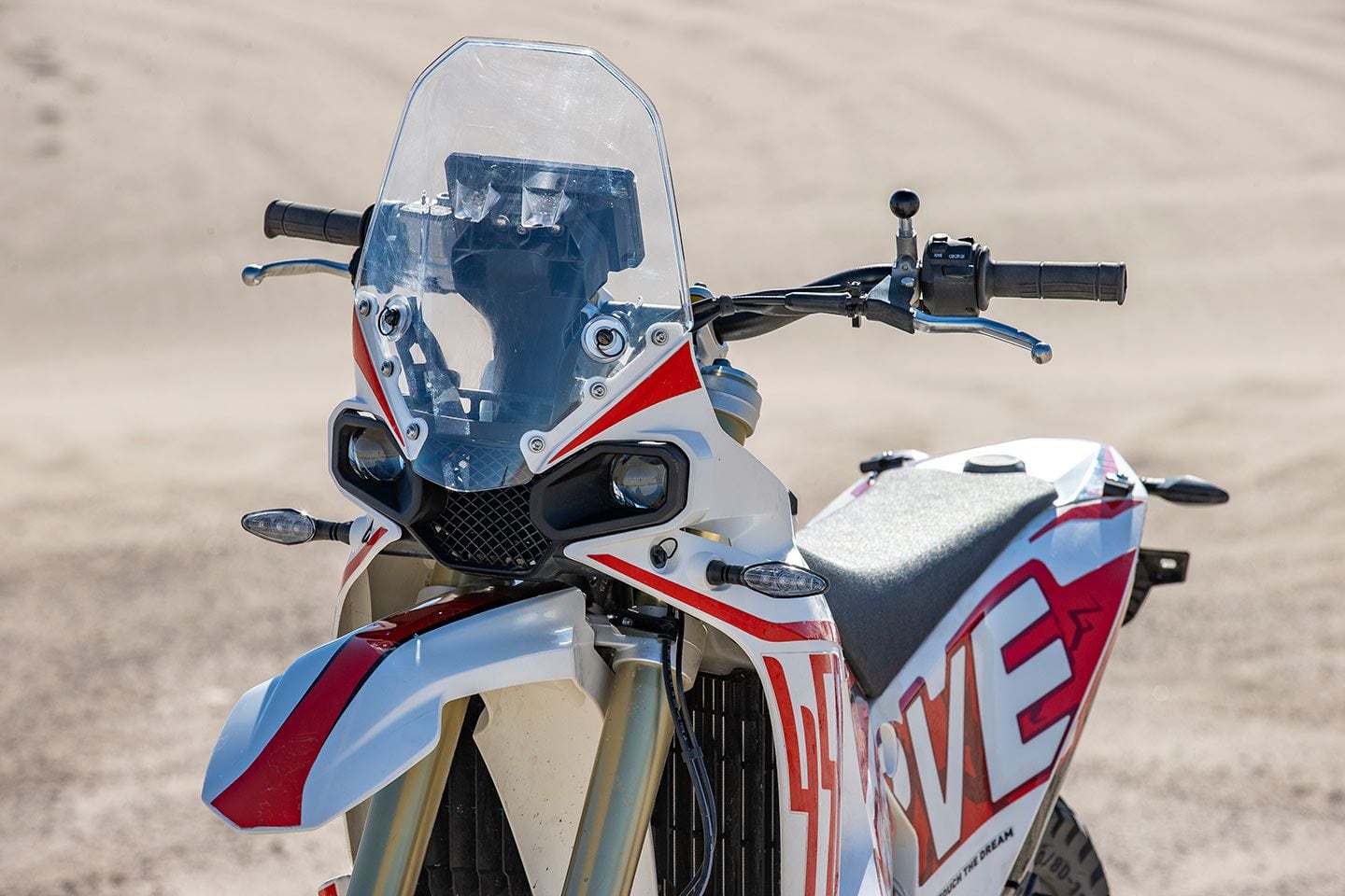 Twin LED headlights have high and low beams. Kove says it plans to make the FSE 450R Rally street-legal.
