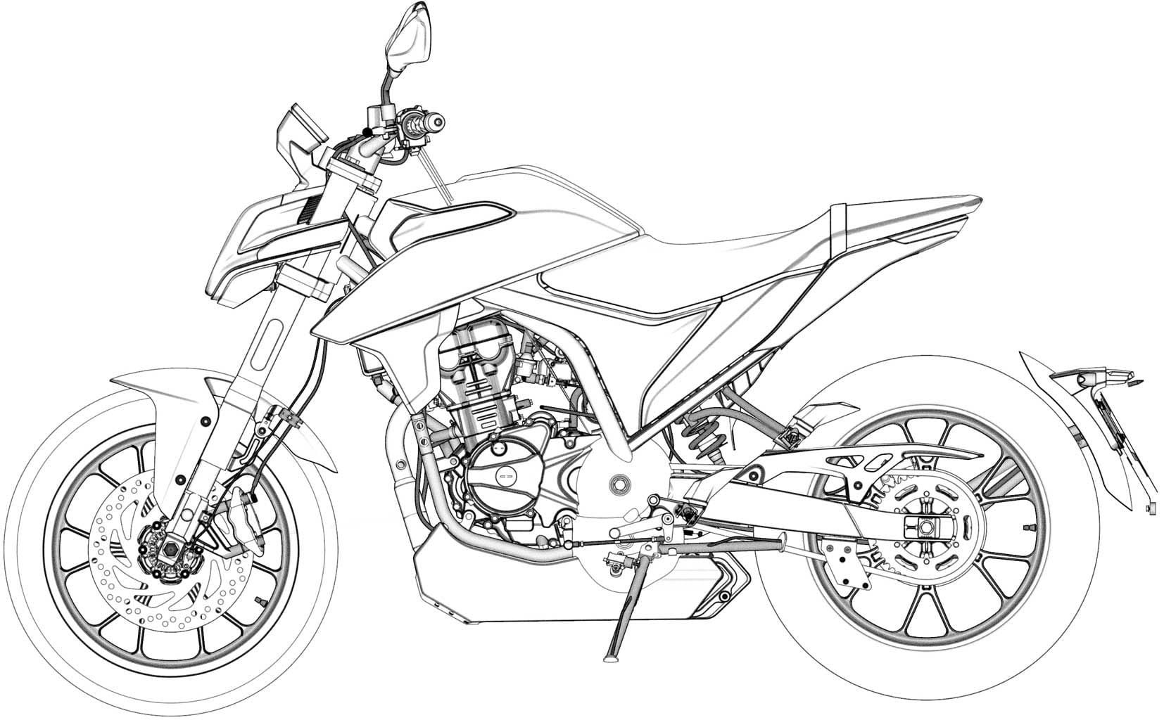 The new patents show a production version using much of the same styling, including the unique wraparound headlight and tank design.