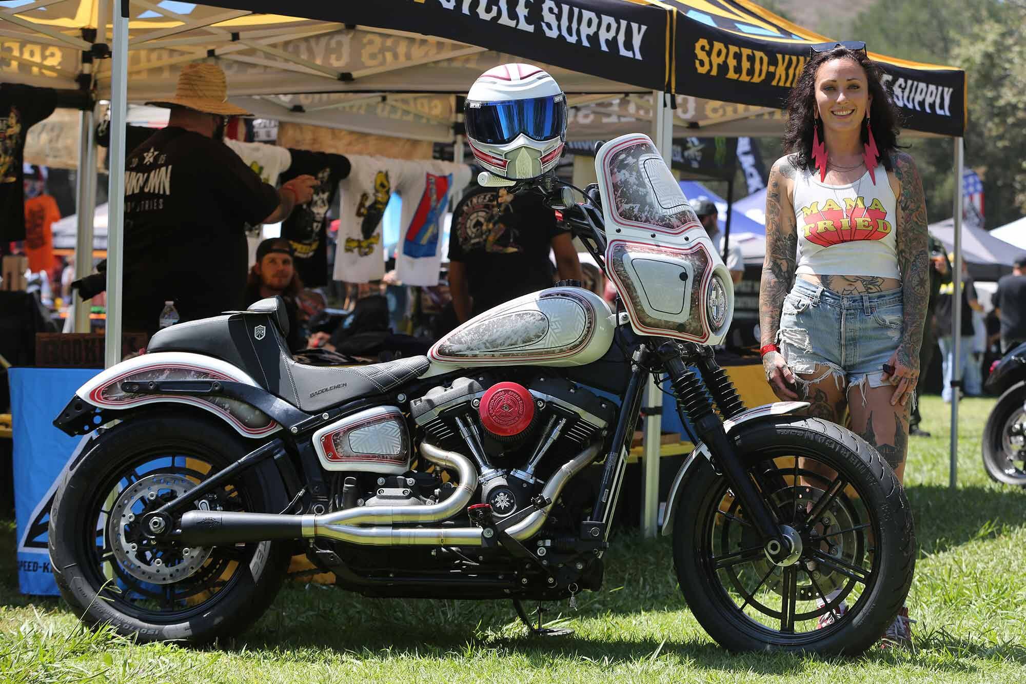@Whiskeycoco with the Softail and helmet that she painted.