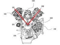 C F Moto 1000 c c V 4 engine patent drawing showing V angle with red line