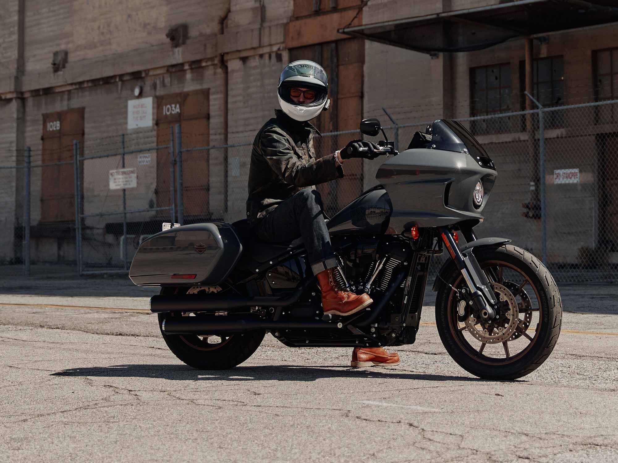 Gales wears the Driggs Waxed Canvas Riding Jacket in Woodland Camo on the 2022 Harley-Davidson Low Rider ST.