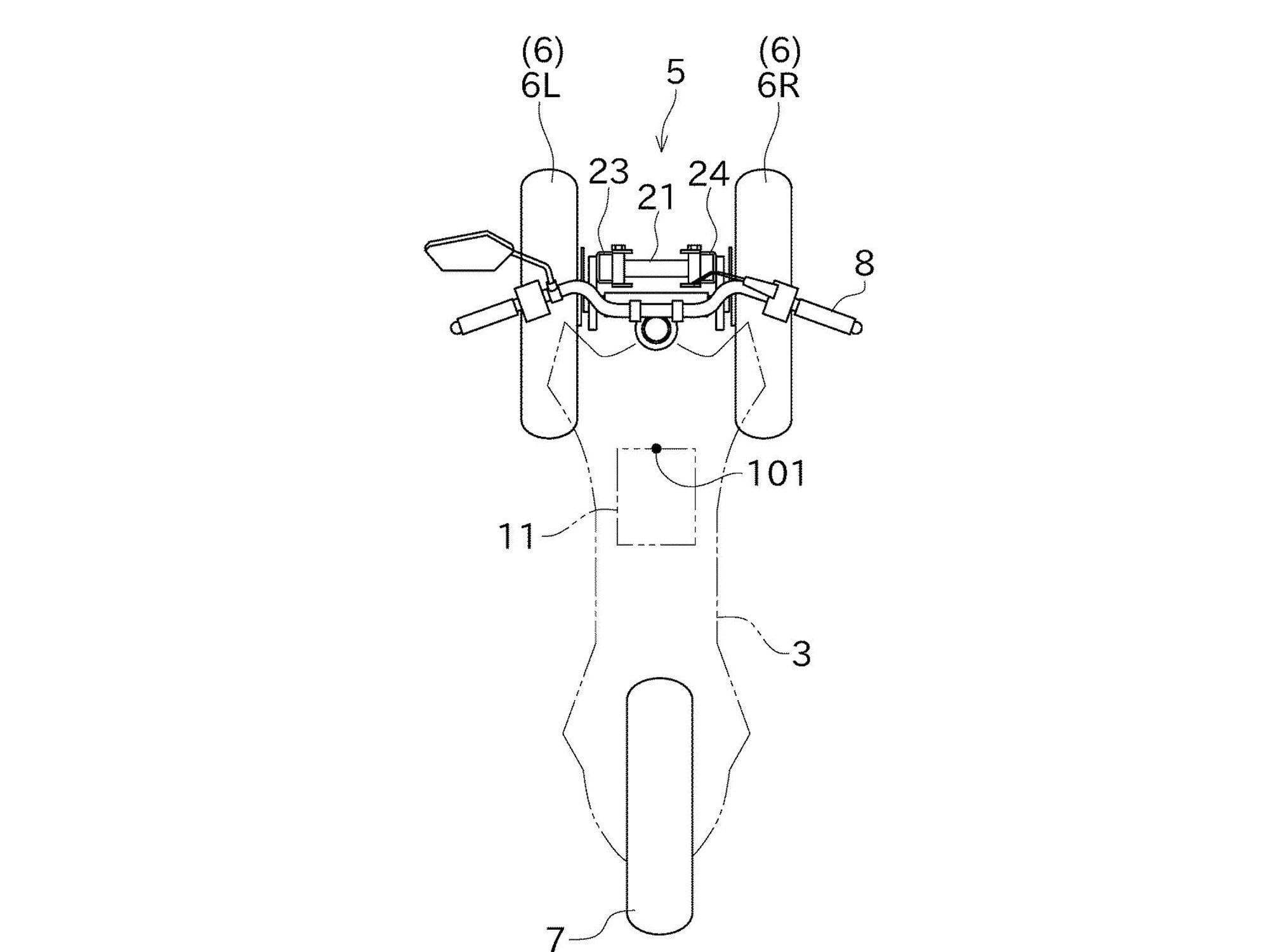 Kawasaki’s patents show two trike versions, one utilizing a vertical plate mounted ahead of the forks for better stability.