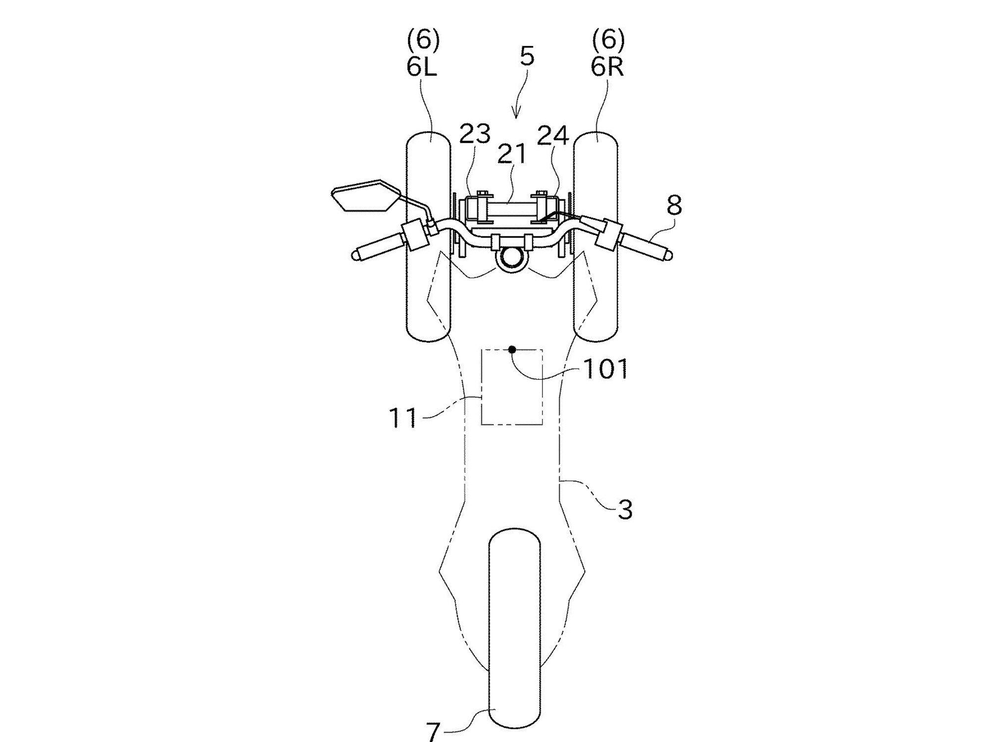 Kawasaki’s patents show two trike versions, one utilizing a vertical plate mounted ahead of the forks for better stability.