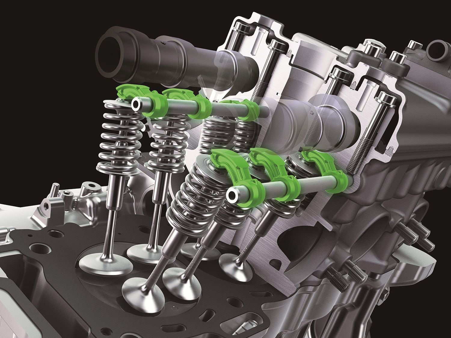 A look inside Kawasaki’s ZX-10R engine illustrates the use of finger followers, which reduce weight allowing higher revs. <i>Kawasaki</i>
