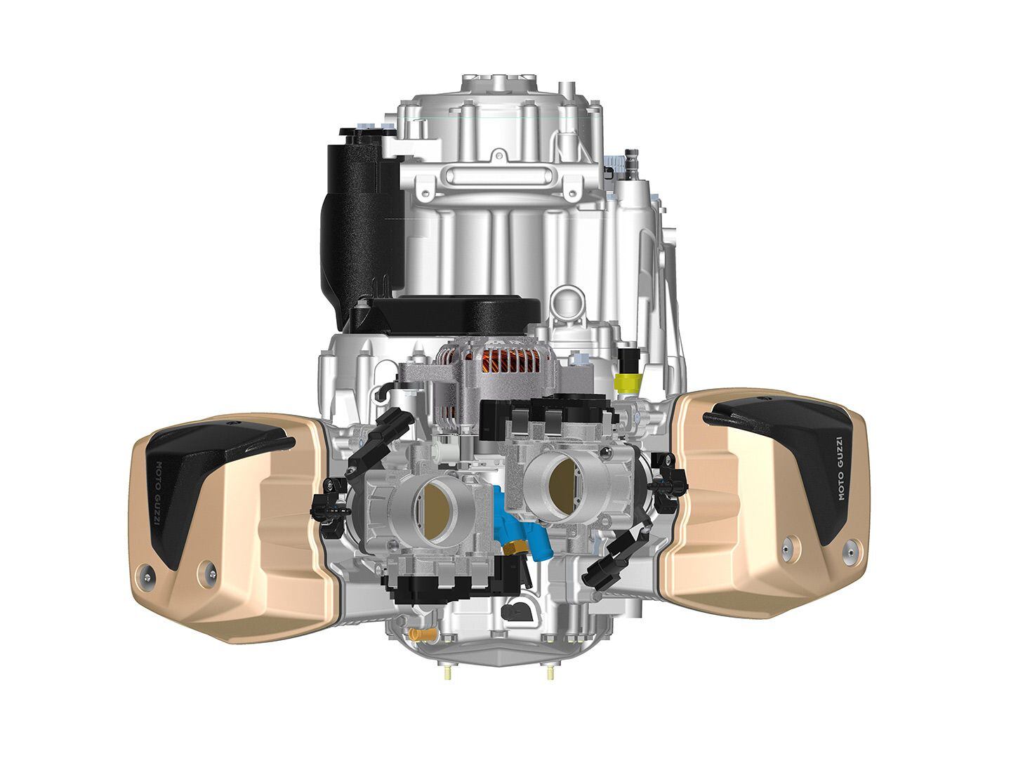 Top view of the V100 engine and its 52mm throttle bodies.