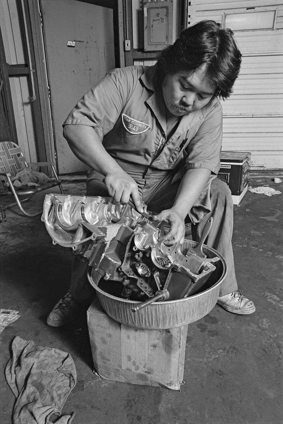 Yoshimura’s Don Yasuda doing things to the bare cases of a race engine—a thing not often seen in today’s superbike paddock. Moments like these litter the book.