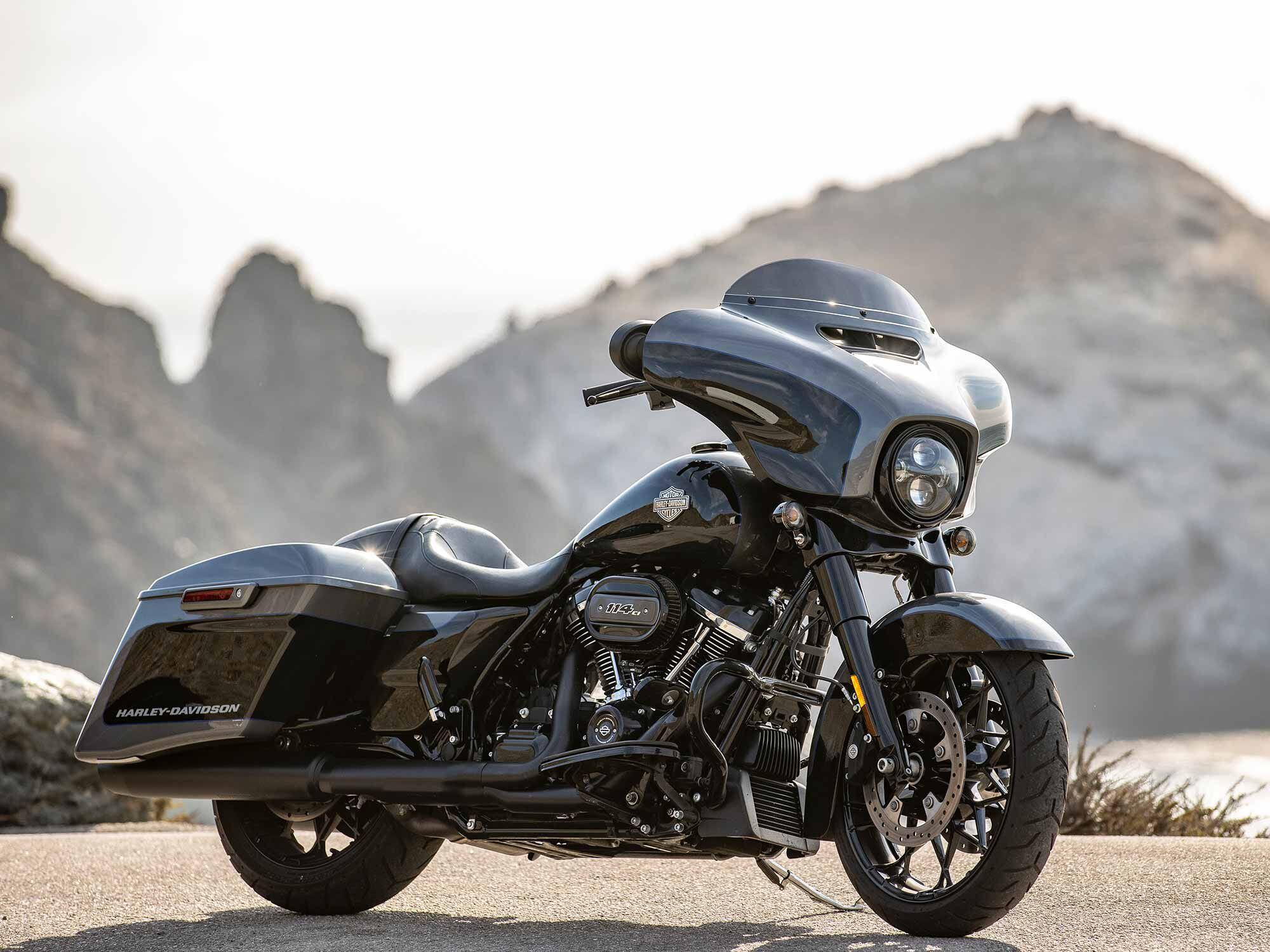 The 2021 H-D Street Glide Special is seen here in Gauntlet Gray Metallic/Vivid Black, which is available with black or chrome engine finishes.