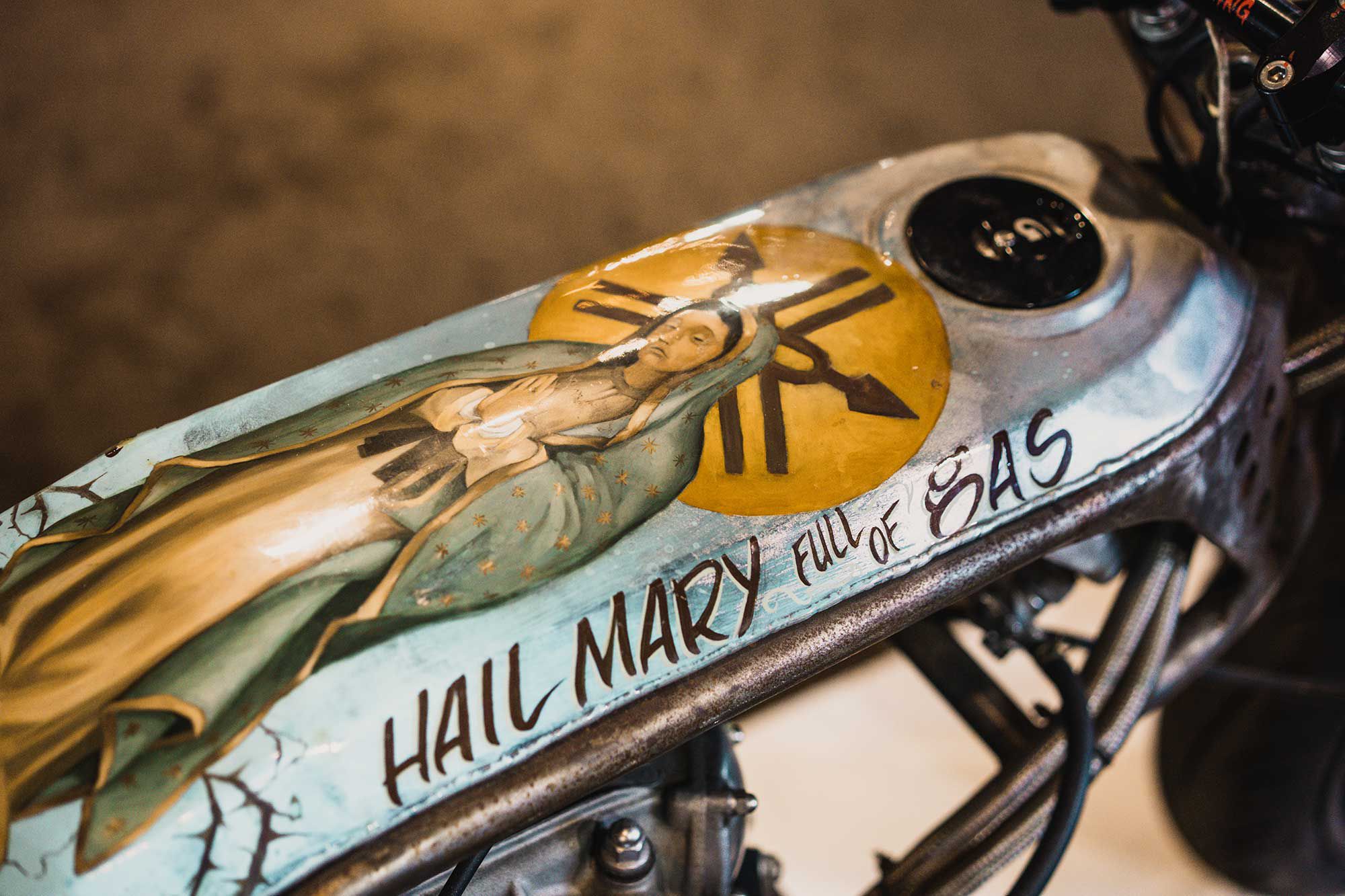 Custom-painted gas tank on the Icon 1000 Yamaha.