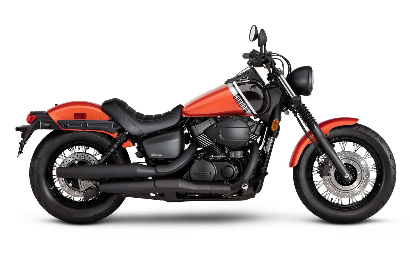 The 2024 Shadow Phantom’s styling updates include reshaped fenders, a revised seat, and machine-cut cylinder head fins. An ABS option is available.