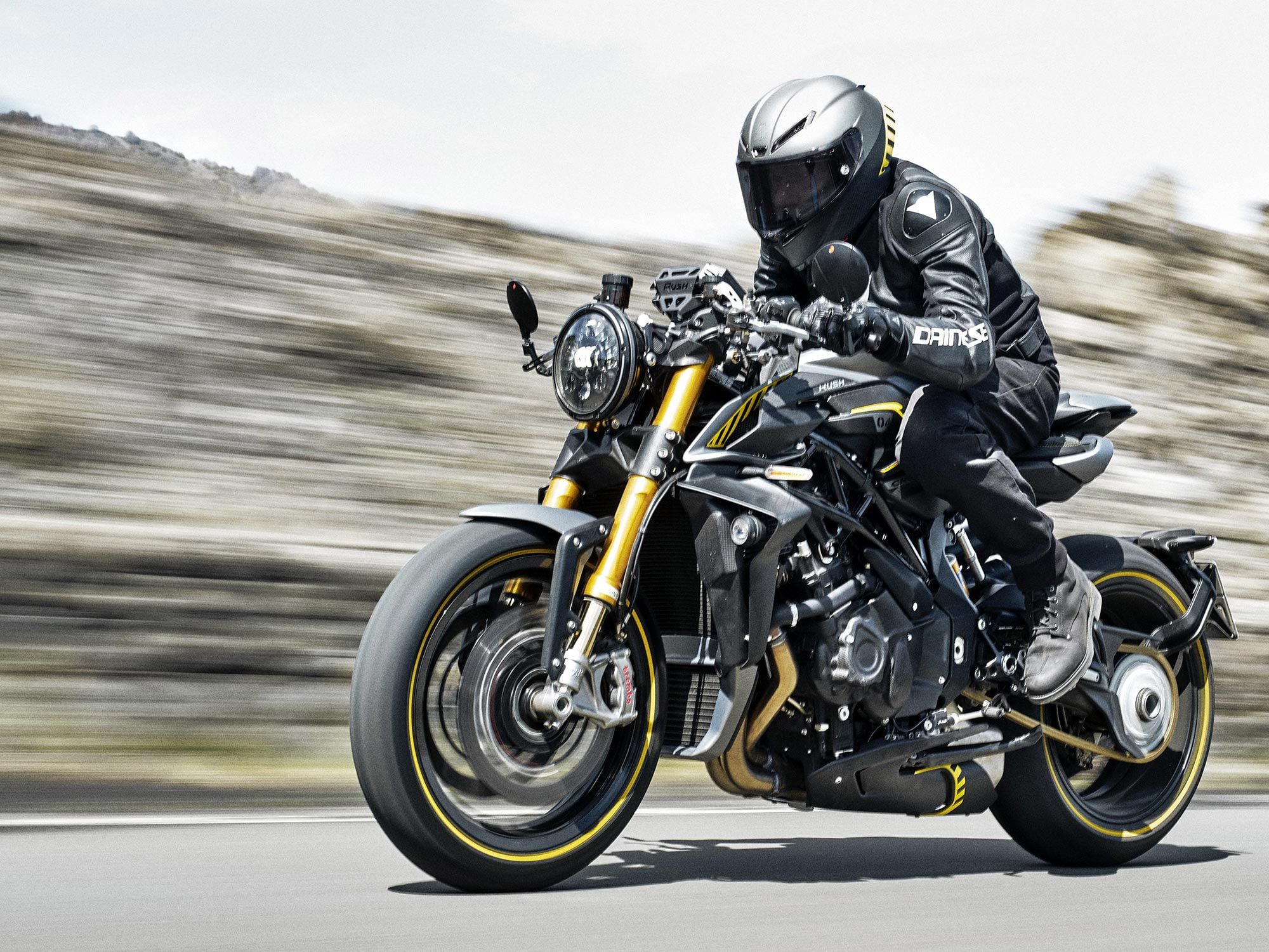 MV Agusta claims 208 hp at 13,000 in the standard trim from the Rush; install the racing kit and the power jumps to 212 hp.