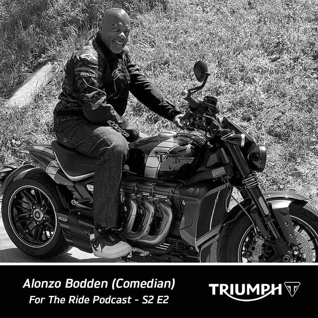 Alonzo Bodden—pictured with his Rocket 3—is a comedian who gained notoriety as the winner of <i>Last Comic Standing</i>.