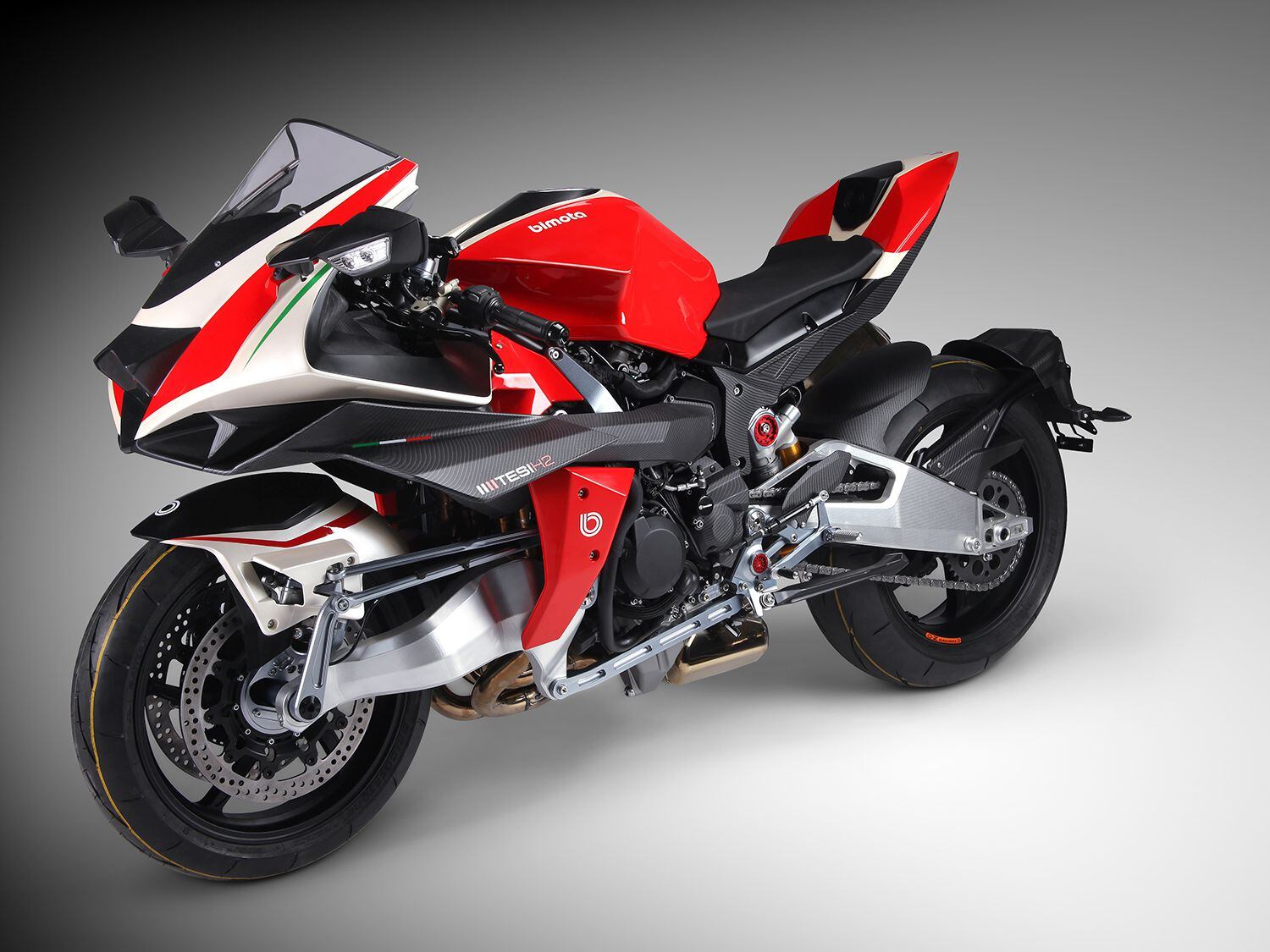 Bimota’s Tesi uses a twin-sided swingarm, with a series of complicated linkages.