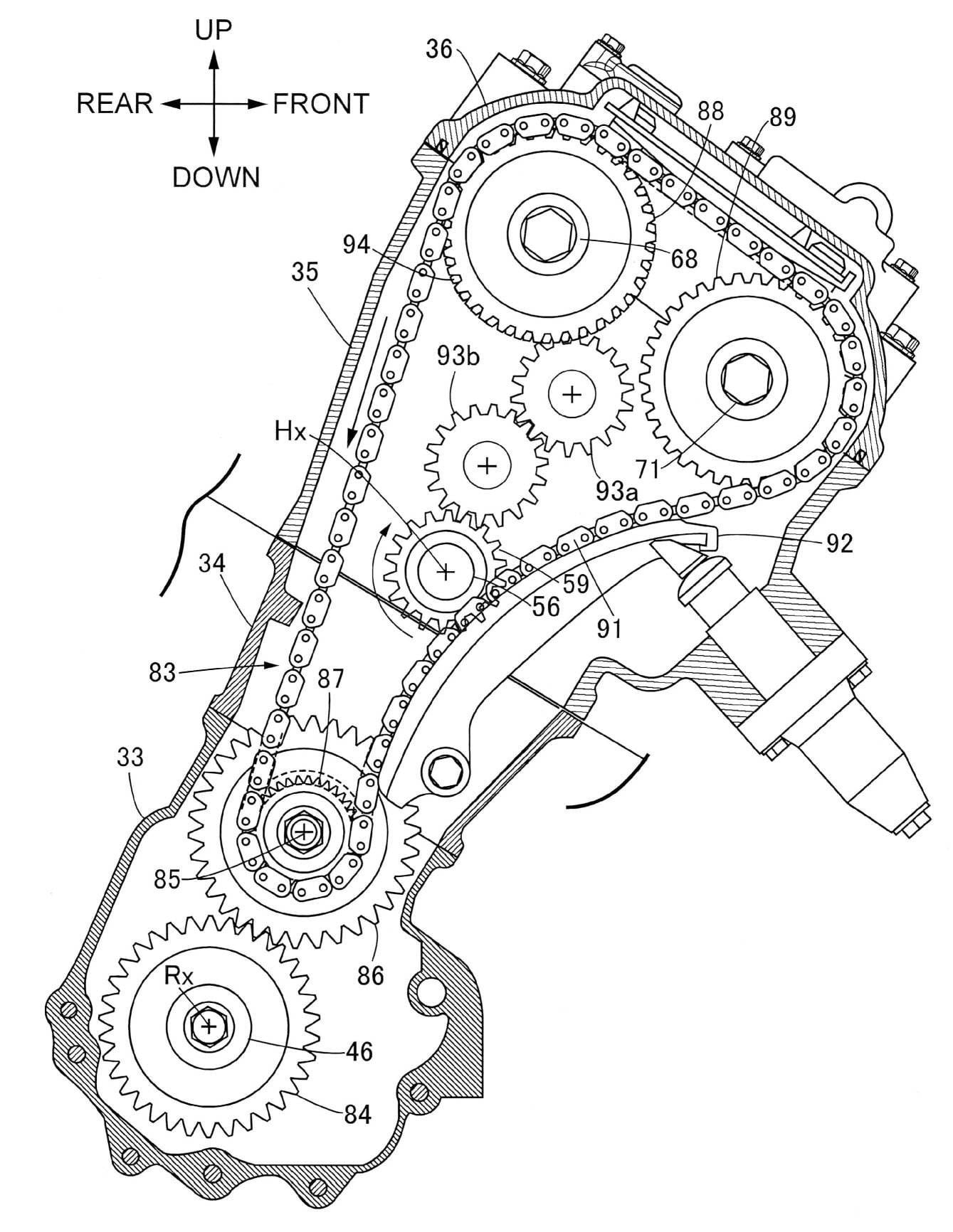 A rotating tube in the prechamber driven by the cam chain acts as a door between the two chambers.