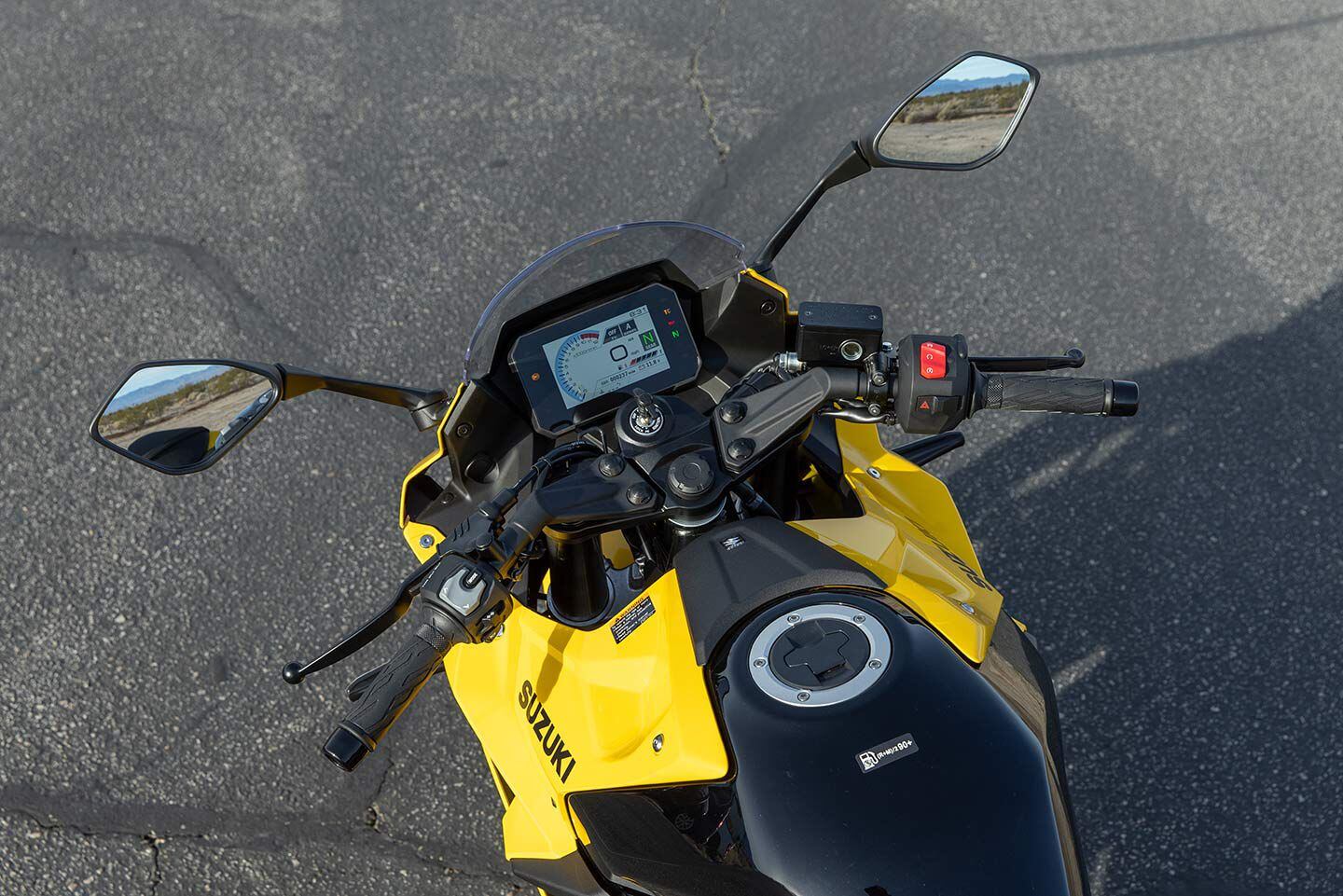 The view of the cockpit shows the nice mirrors that not only look good, but provide a good rearward view.