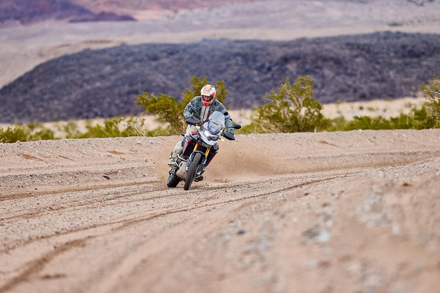 Six-time AMA champion Jeff Stanton steering with the rear on his Triumph Tiger 900 Rally Pro.