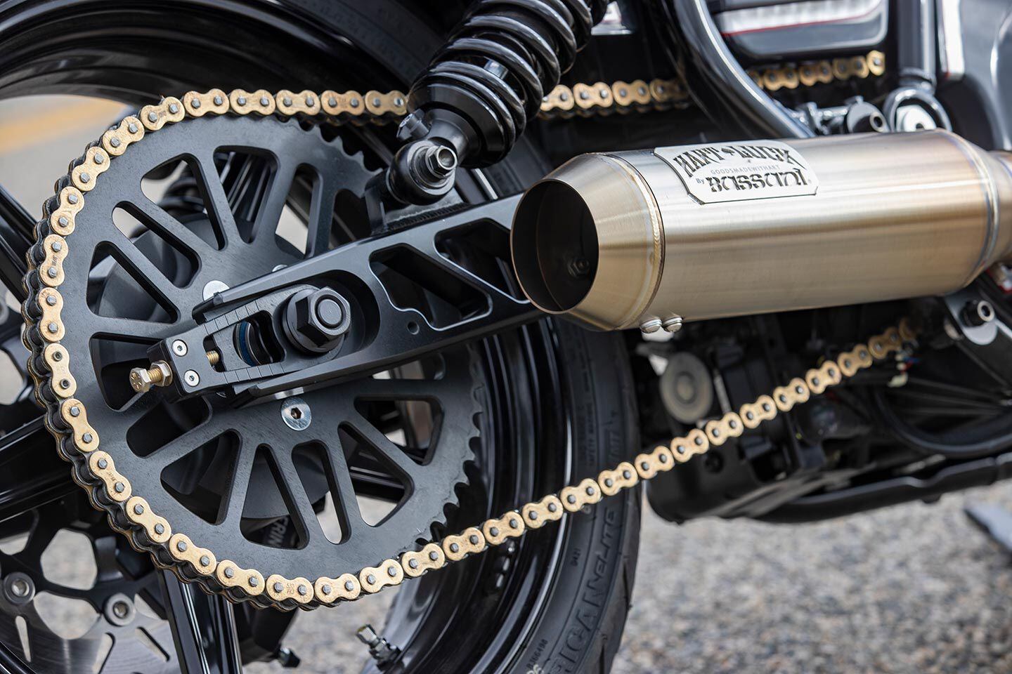 Trac Dynamics billet swingarm, Bassani exhaust, and Barnstorm chain conversion.