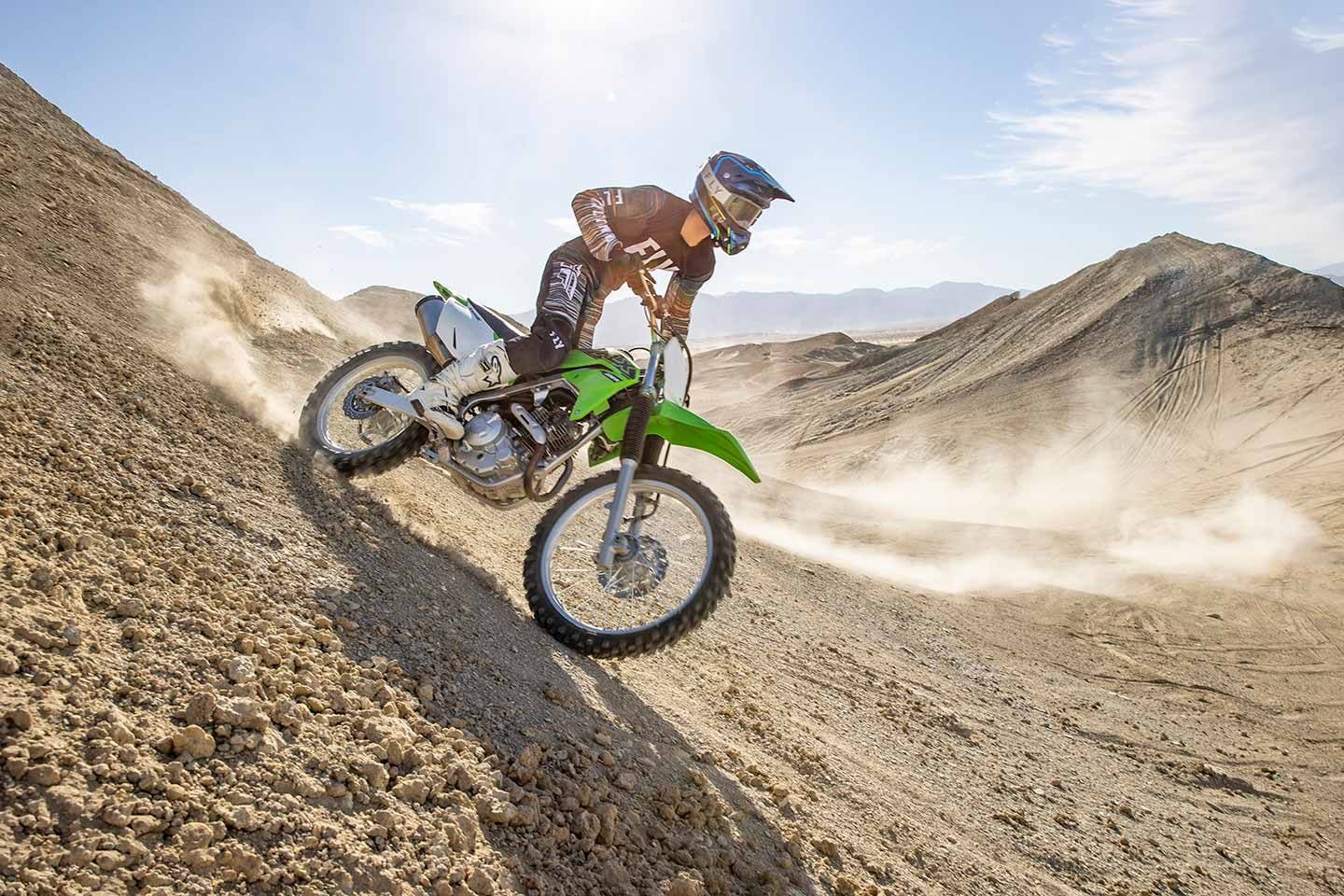 The Kawasaki KLX230R provides intuitive steering, perfect for quick changes in direction.