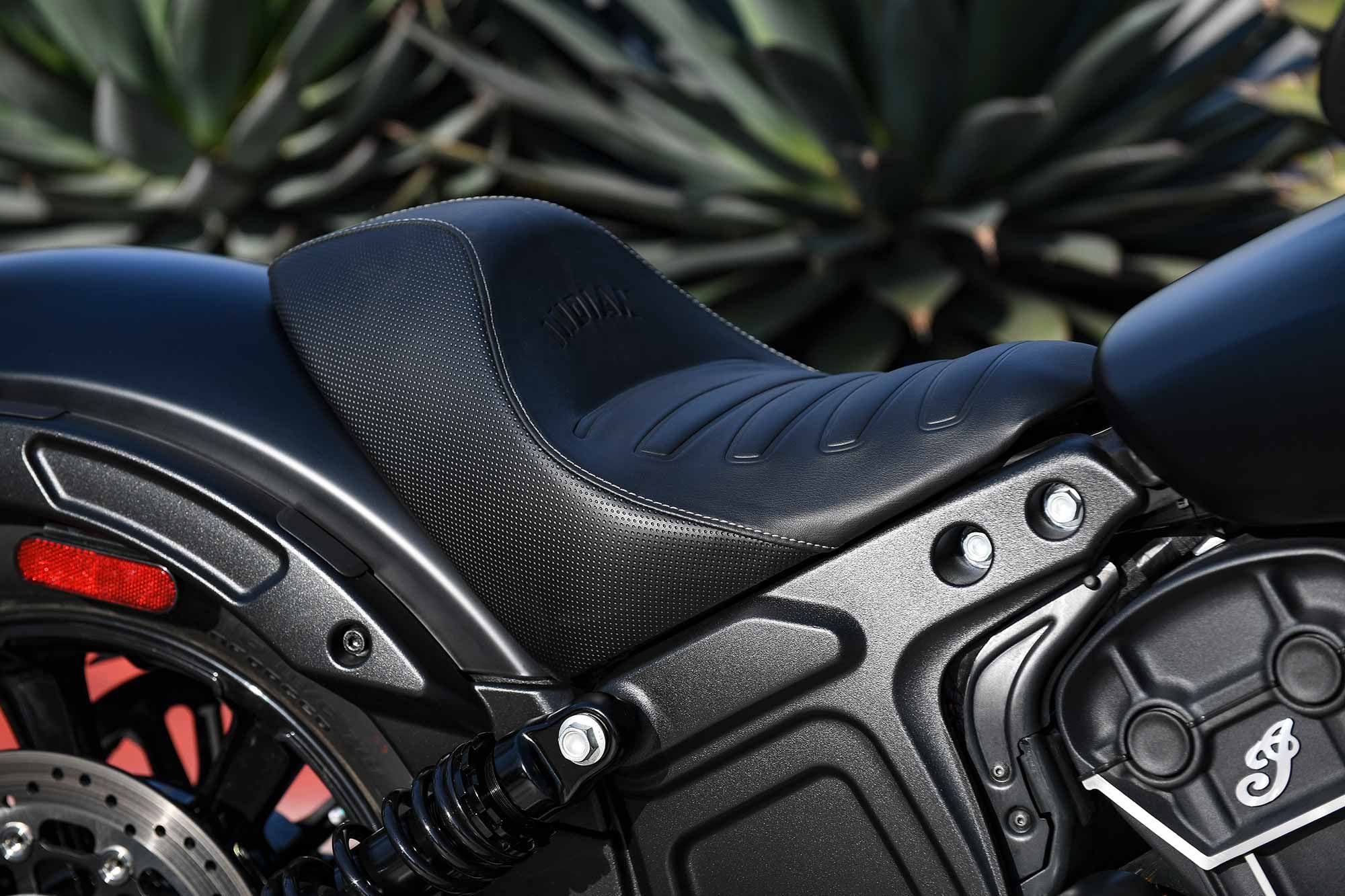 The new seat on the Scout Rogue is well padded and comfortable, but the forward-curved contour may be uncomfortable for riders with a wide seat.