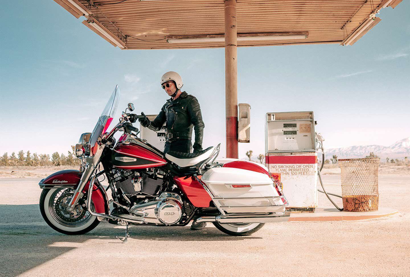 Standard equipment includes touring chassis, Milwaukee-Eight powertrain, and Rider Safety Enhancements electronic suite. Remember the days of 34-cents-a-gallon gas? Us either.