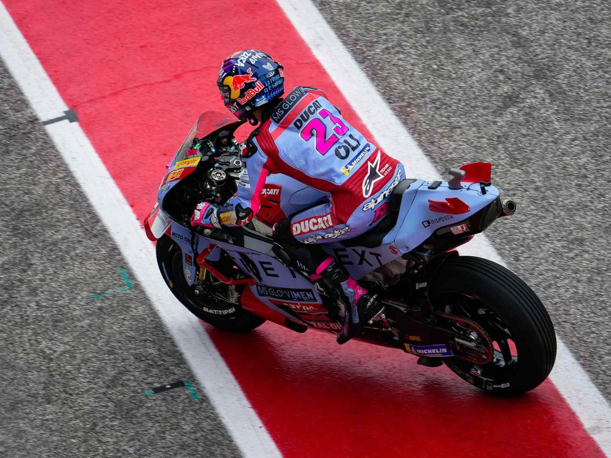 Several riders on both the factory and satellite teams have used the new stegosaurus tail. Shown here is “La Bestia” (Enea Bastianini) on the Gresini Racing bike.